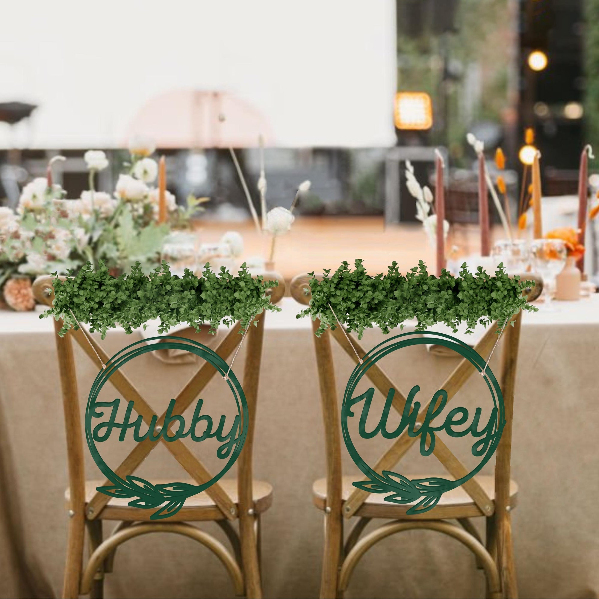 Personalised Wooden/ Mirror Acrylic Wedding Chair Sign for Reception, Custom Matching Pair of Couple Name Signage, Mr & Mrs, Groom & Bride, Hubby & Wifey, Husband & Wife Scribble Leaf Hoop, Rustic Event Photo Prop