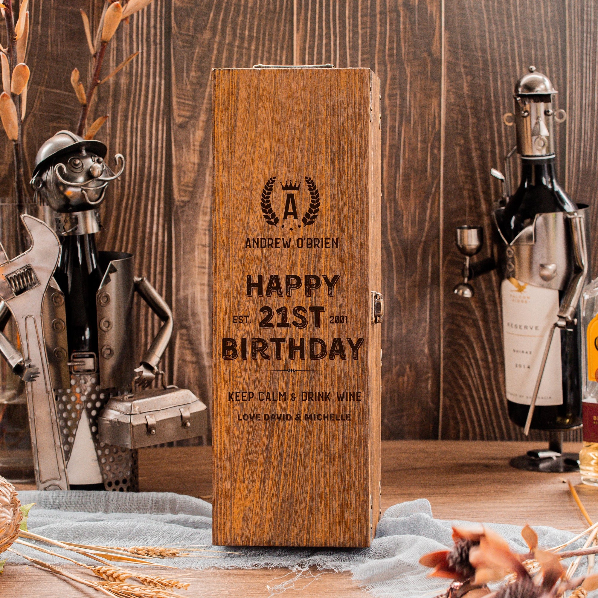 Personalised Vintage Antique Wooden Wine Box, Engraved Custom Housewarming/ Birthday Champagne Gift Box, Wedding Bridesmaid/ Groomsman, Thank You God Parents Favour, Mother's, Father's Day