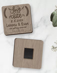 Engraved Wooden Save The Date Square Fridge Magnets, Personalised Rustic Wedding Invitation Card, Remember Date Announcement Guest Gift Tags