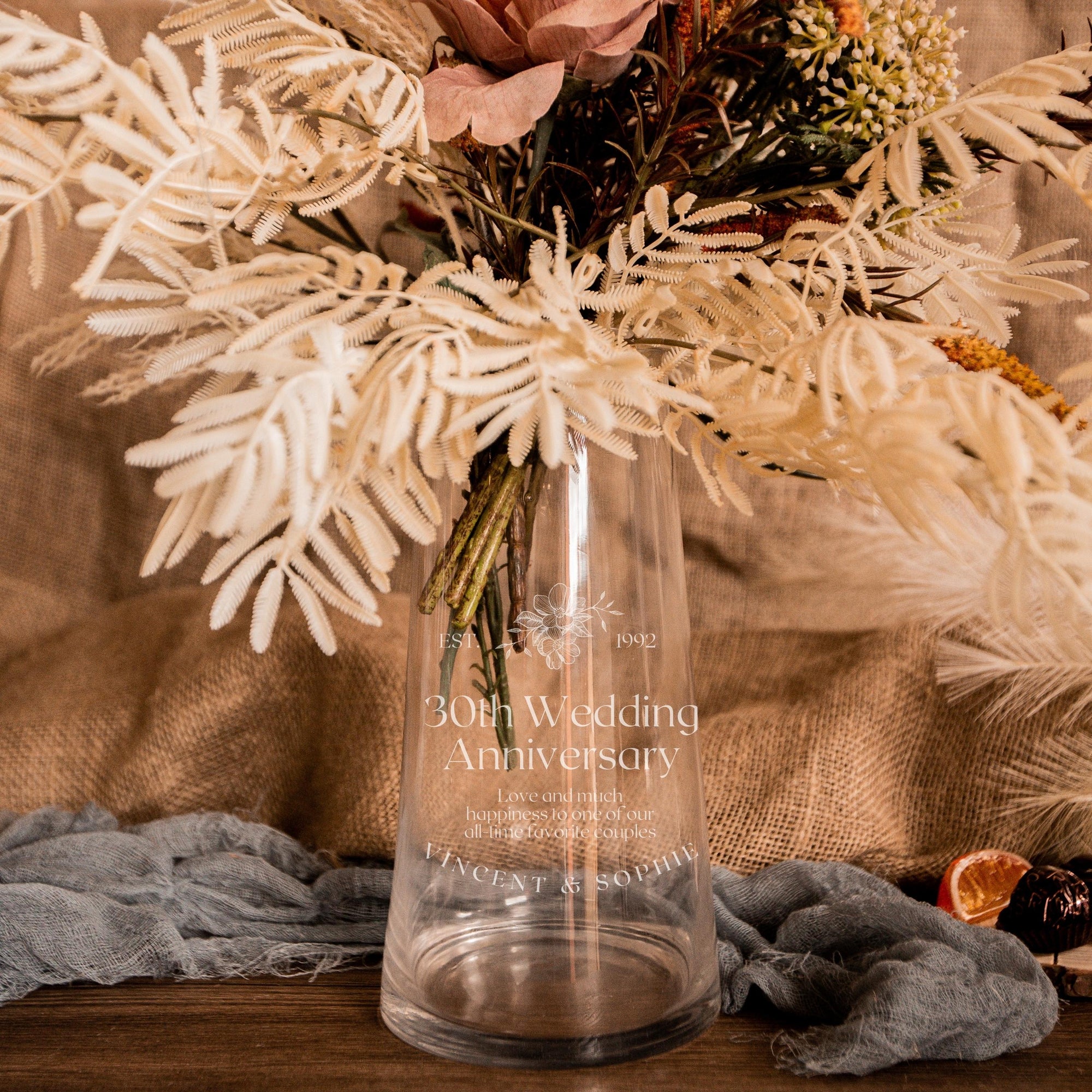 Personalised Large Tapered Clear Glass Vase, Custom Engraved Memorial Wedding Gift for Bridesmaid, Mother of Bride/ Groom, Housewarming, Anniversary