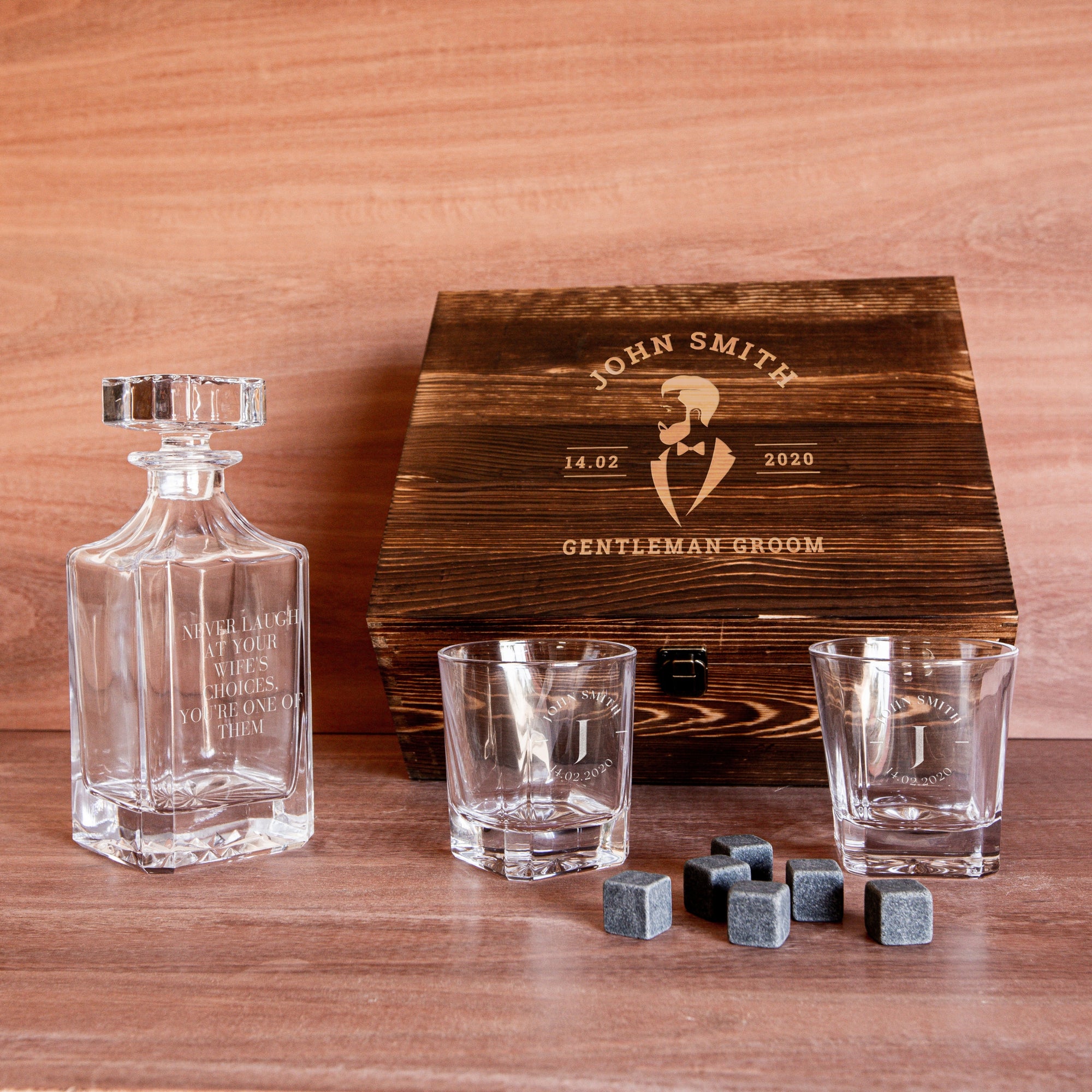 Engraved Whiskey Wooden Box - Square Decanter, 2 Scotch Glasses & 6 Ice Stones, Personalised Barware Set Groomsman Retirement Christmas Gift
