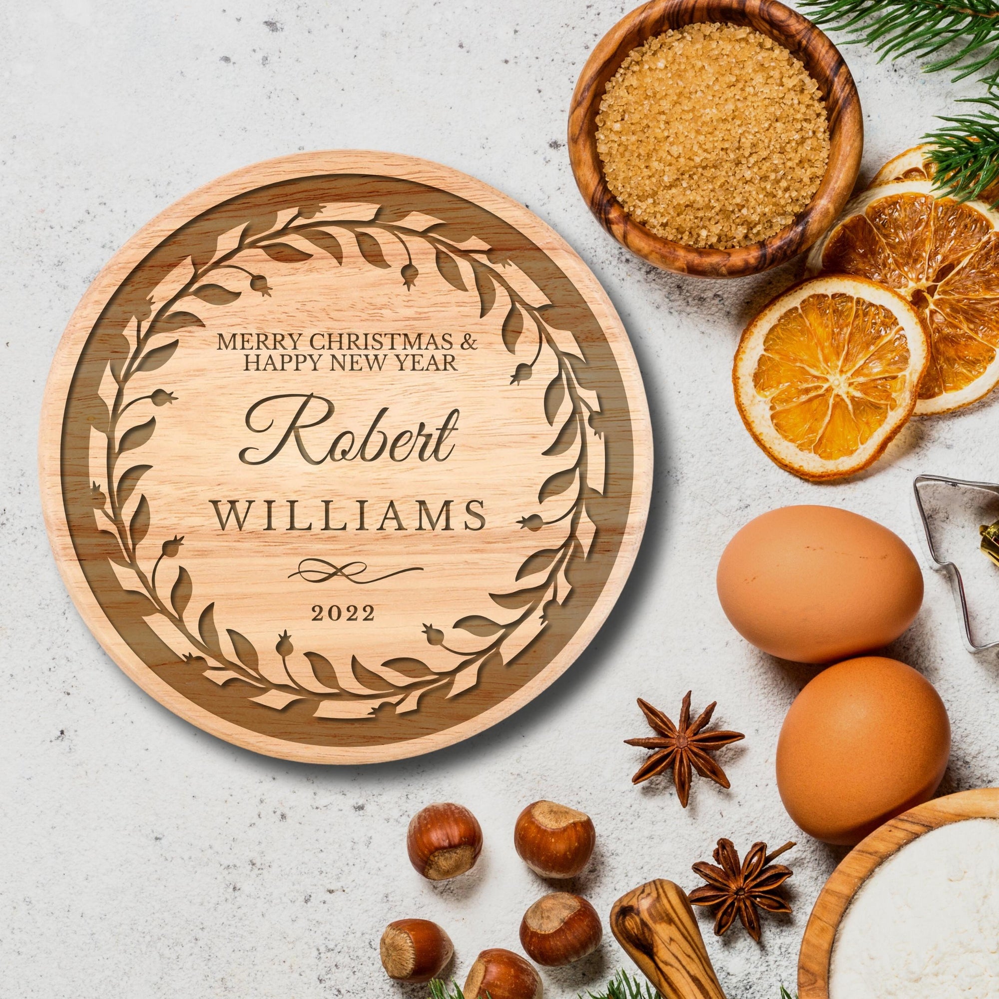 Christmas Personalised Round Wooden Cheese Board & Knife Travel Set, Engraved Custom Noel/ Santa Charcuterie Platter, Xmas/ New Year Corporate Holiday Gift