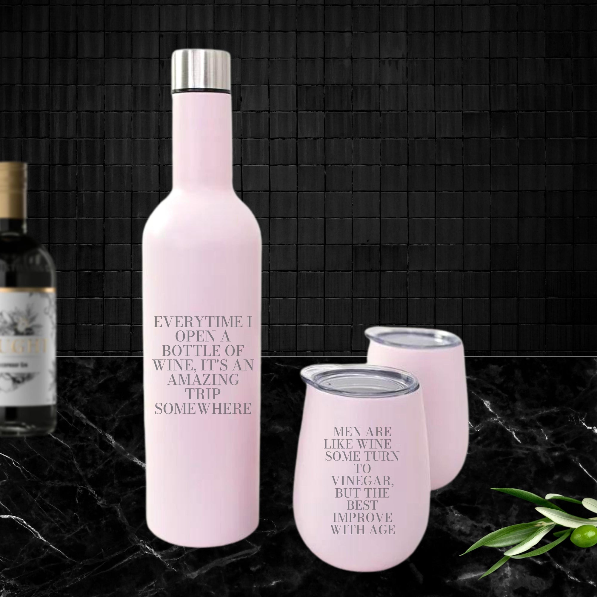 Personalised Engraved Stainless Steel Double Wall Insulated Travellers Set of 3, Thermal Wine Bottle & 2 Tumblers Custom Logo Corporate Gift