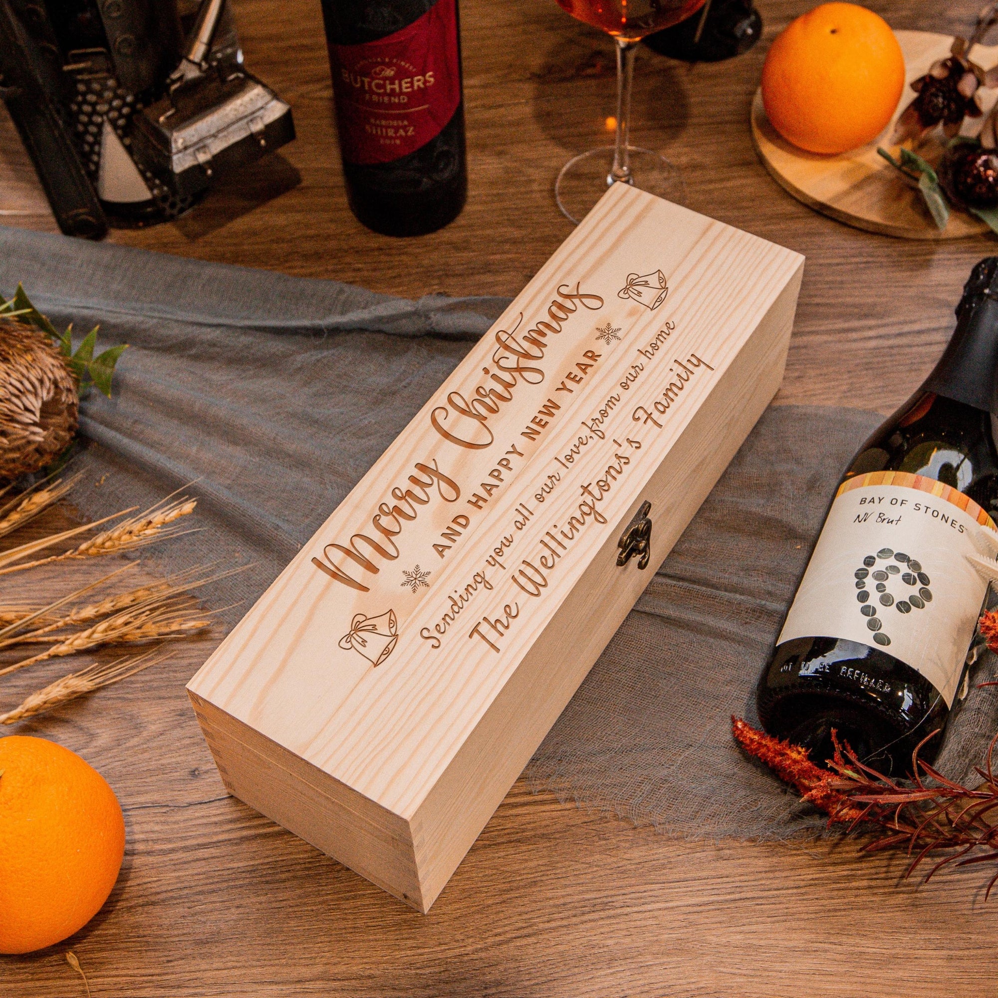 Christmas Personalised Pine Wooded Wine Box Gift, Engraved Custom Housewarming/ Birthday Champagne, Wedding Bridesmaid/ Groomsman Favour, Xmas/ New Year Mother, Father Present Box
