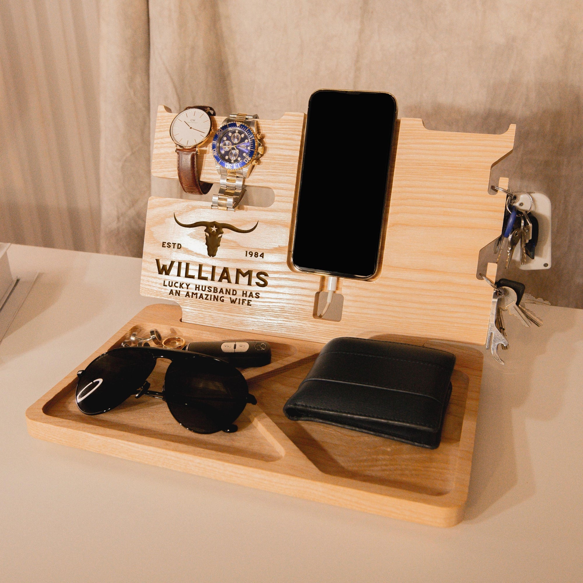 Personalised Oak Docking Station, Night Valet Stand, Wooden Phone & Watch Display, Headphone Holder, Custom Office Desk Charging Organiser, Gift for Him, Dad, Birthday, Housewarming