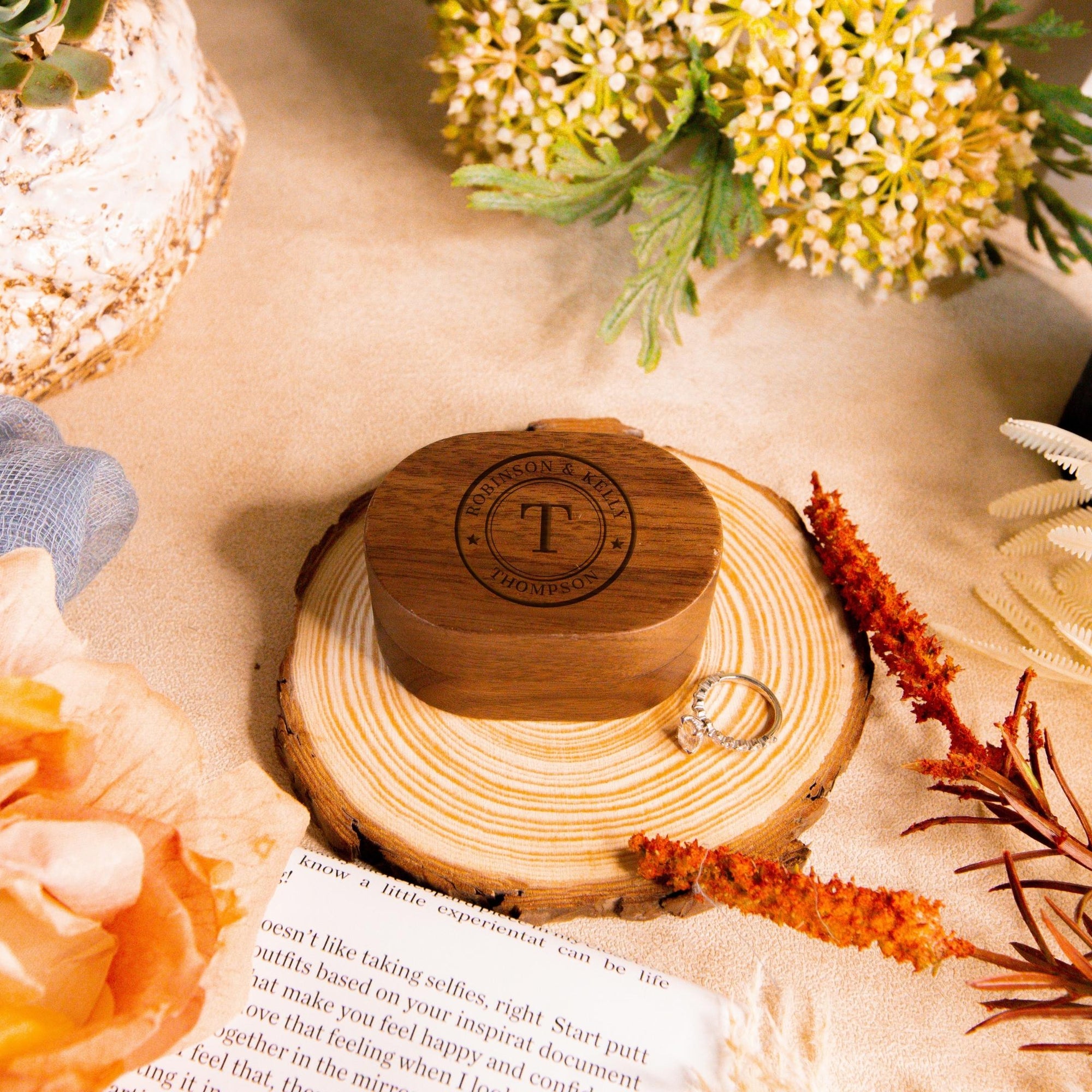 Personalised Wooden Engagement Proposal Ring Bearer Box, Custom Engraved Wedding Double Slot Solid Walnut Oval Ring Holder Storage, Rustic Vintage Anniversary Gift