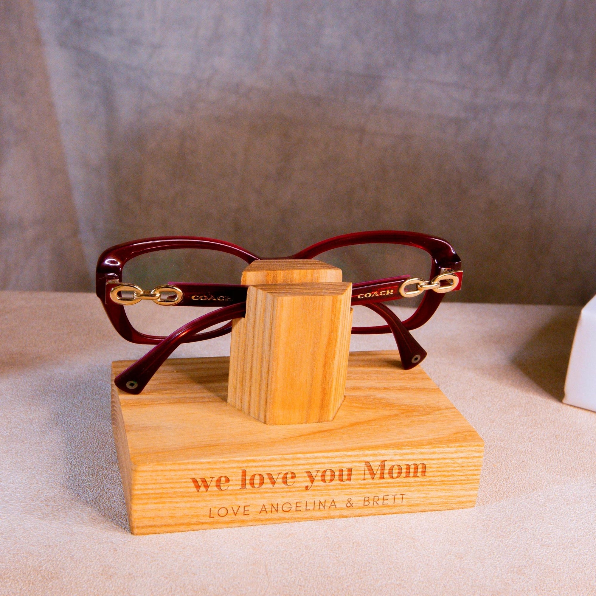 Personalised Wooden Glasses Display Stand, Custom Engraved Eye Glass Holder, Spectacles Sunglasses Organiser, Corporate Xmas Father Mom Gift