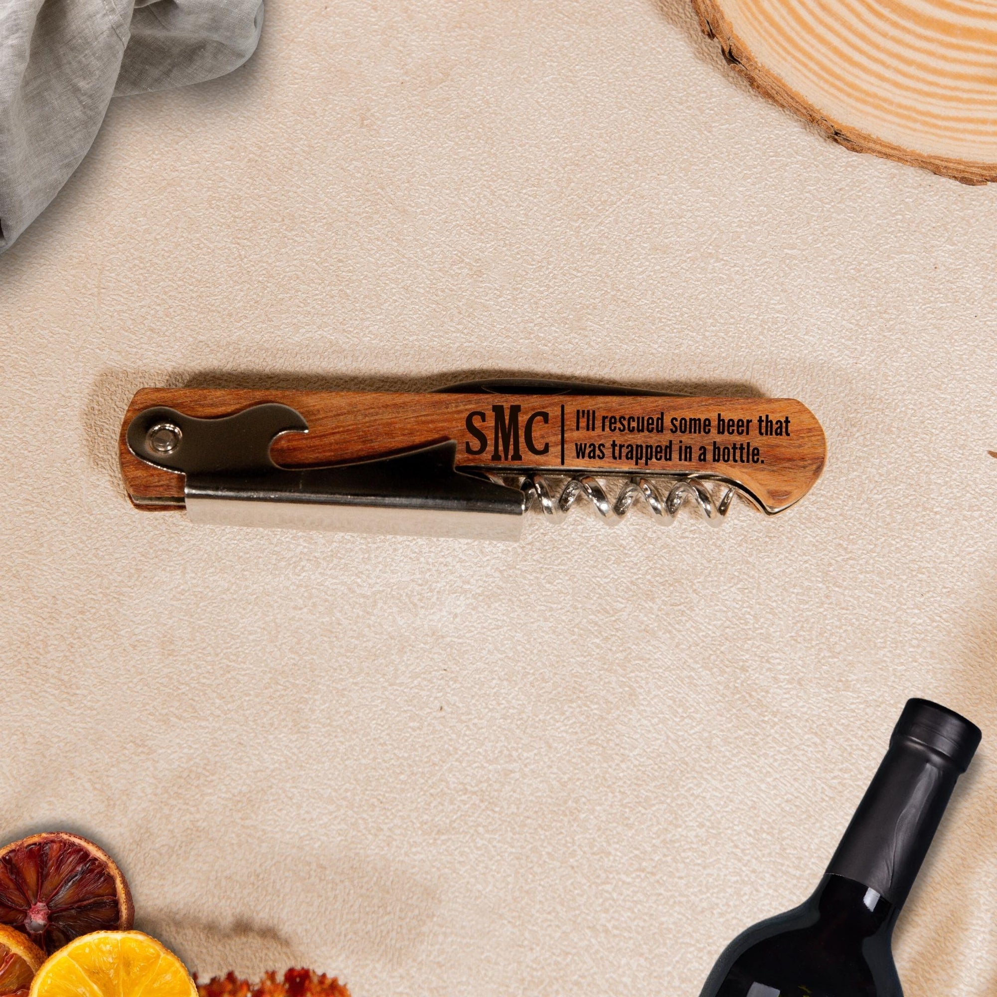 Personalised Engraved Wooden Wine Corkscrew, Bottle Opener, Custom Logo Knife/Foil Cutter, Corporate Gift, Wedding Favour, Groomsmen/ Father's Day Gift for Him, Christmas/ Teacher Present
