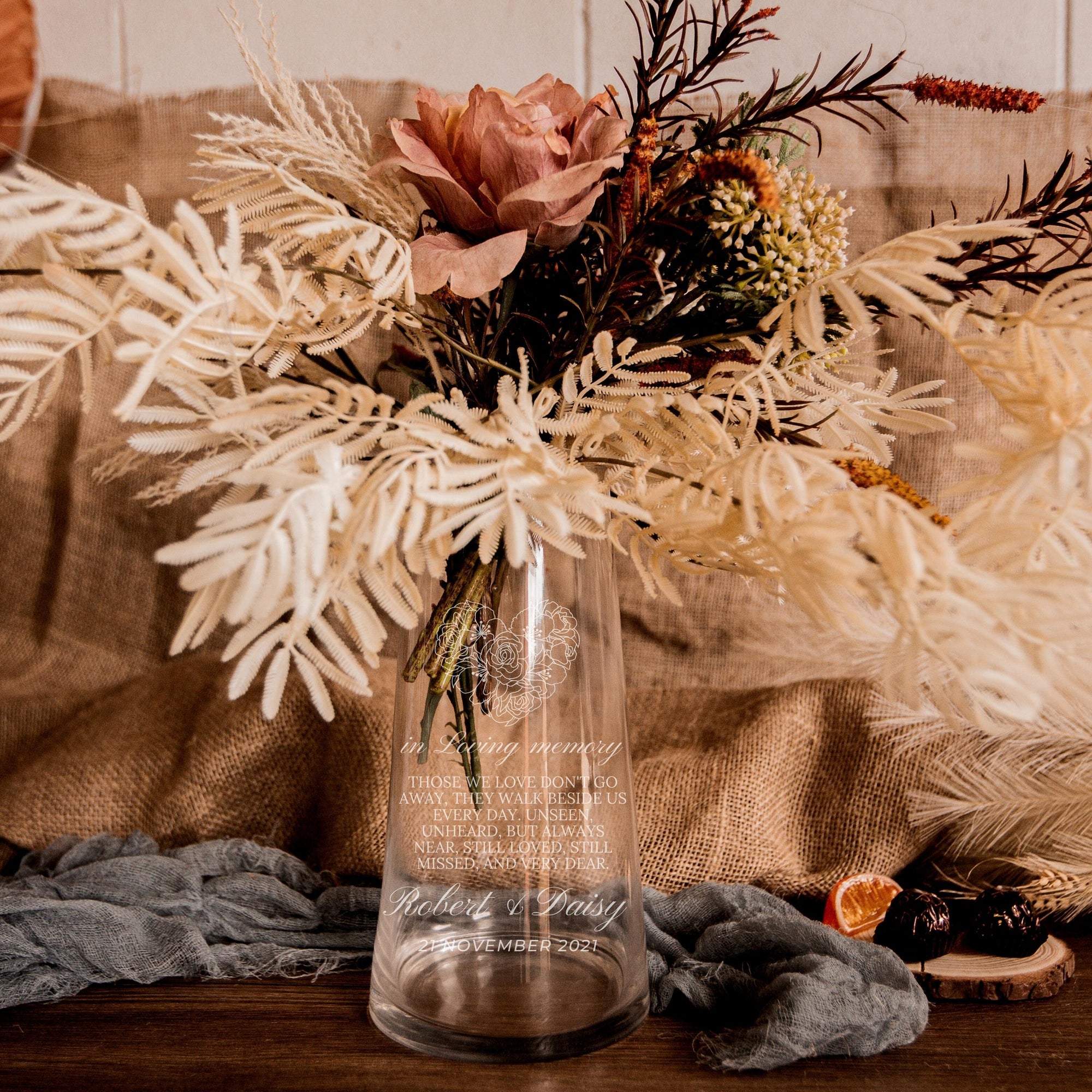 Personalised Tapered Glass Vase, Custom Engraved Memorial Wedding Gift for Bridesmaid, Mother of Bride/ Groom, Housewarming, Anniversary
