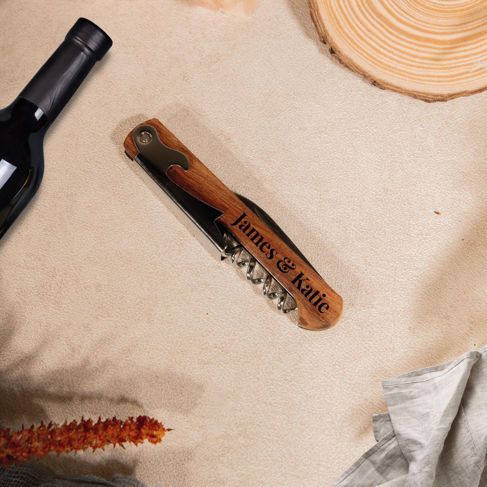 Personalised Engraved Wooden Wine Corkscrew, Bottle Opener, Custom Logo Knife/Foil Cutter, Corporate Gift, Wedding Favour, Groomsmen/ Father's Day Gift for Him, Christmas/ Teacher Present