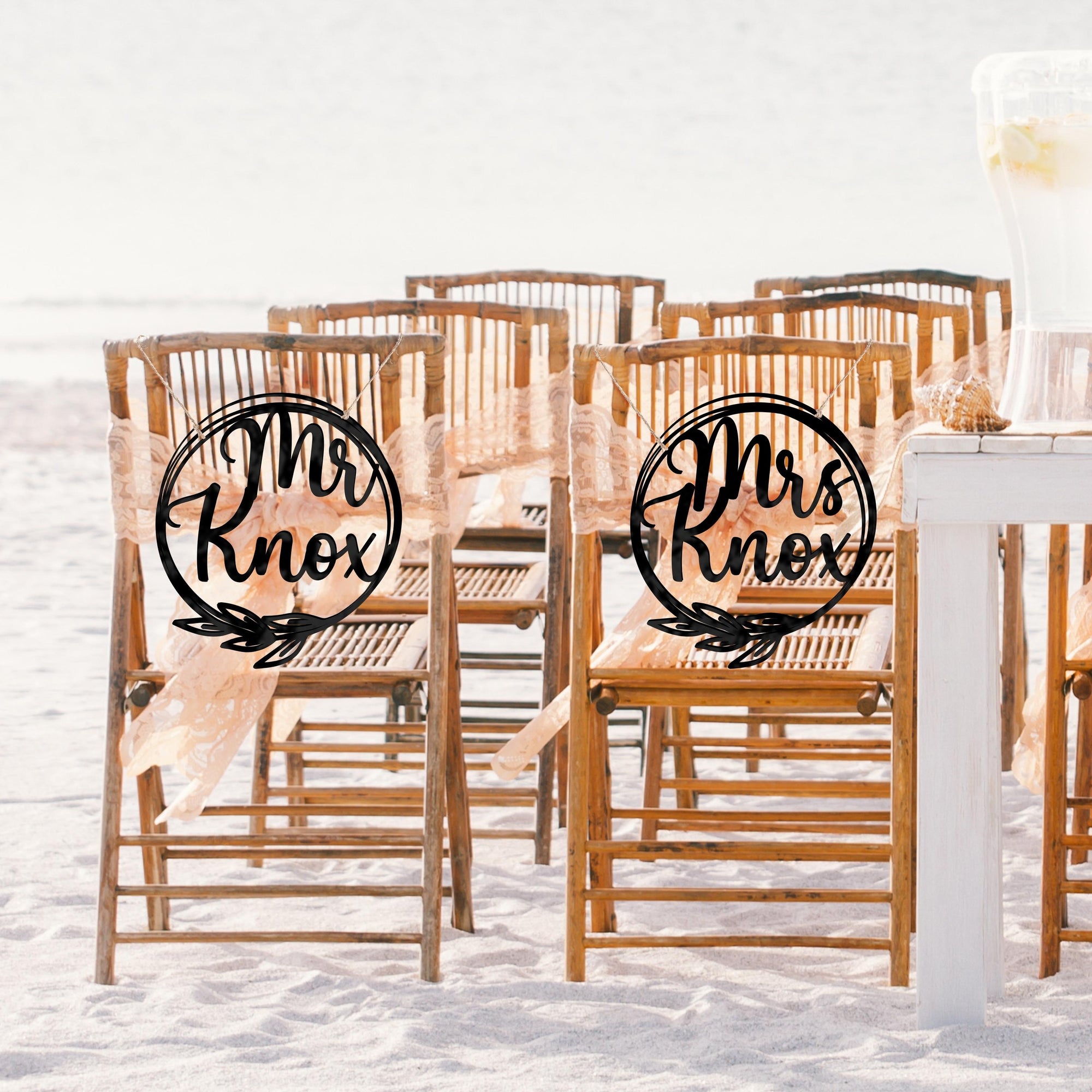 Personalised Wooden/ Mirror Acrylic Wedding Chair Sign for Reception, Custom Matching Pair of Couple Name Signage, Mr & Mrs, Groom & Bride, Hubby & Wifey, Husband & Wife Scribble Leaf Hoop, Rustic Event Photo Prop