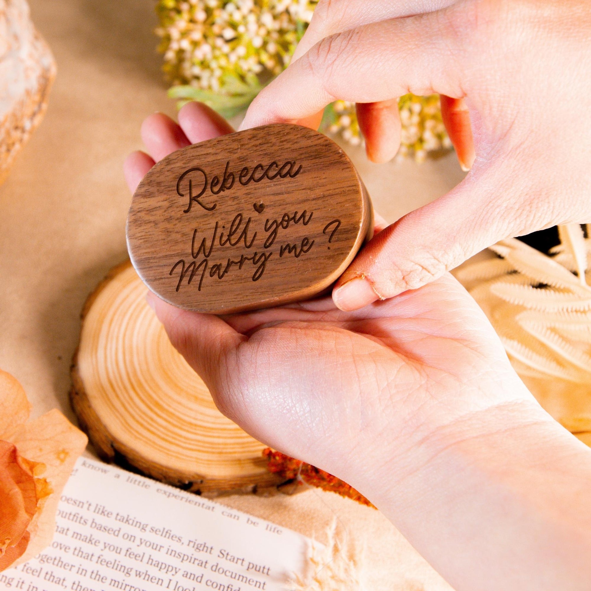 Personalised Wooden Engagement Proposal Ring Bearer Box, Custom Engraved Wedding Double Slot Solid Walnut Oval Ring Holder Storage, Rustic Vintage Anniversary Gift