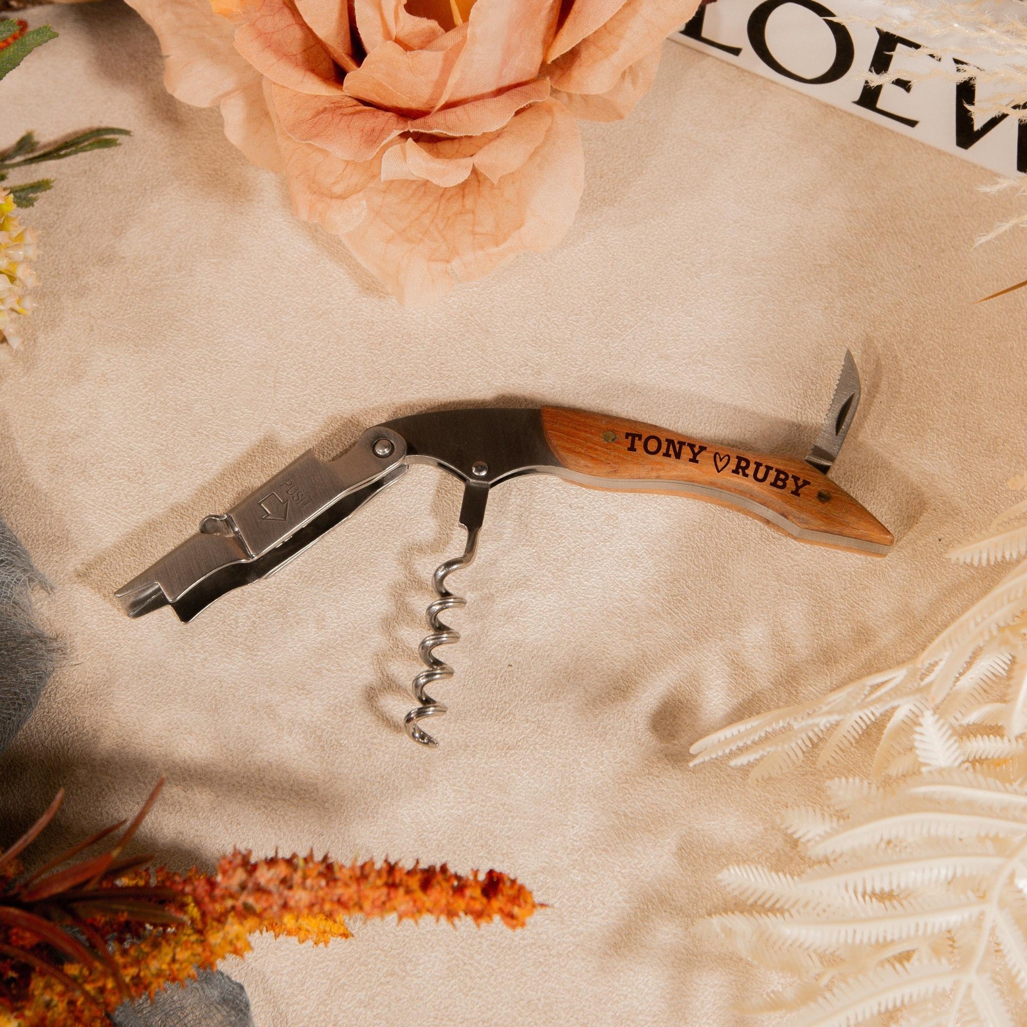 Personalised Engraved Wooden Wine Corkscrew, Bottle Opener, Custom Logo Knife/Foil Cutter, Corporate Gift, Wedding Favour, Groomsmen/ Father's Day Gift for Him, Christmas/ Teacher Present