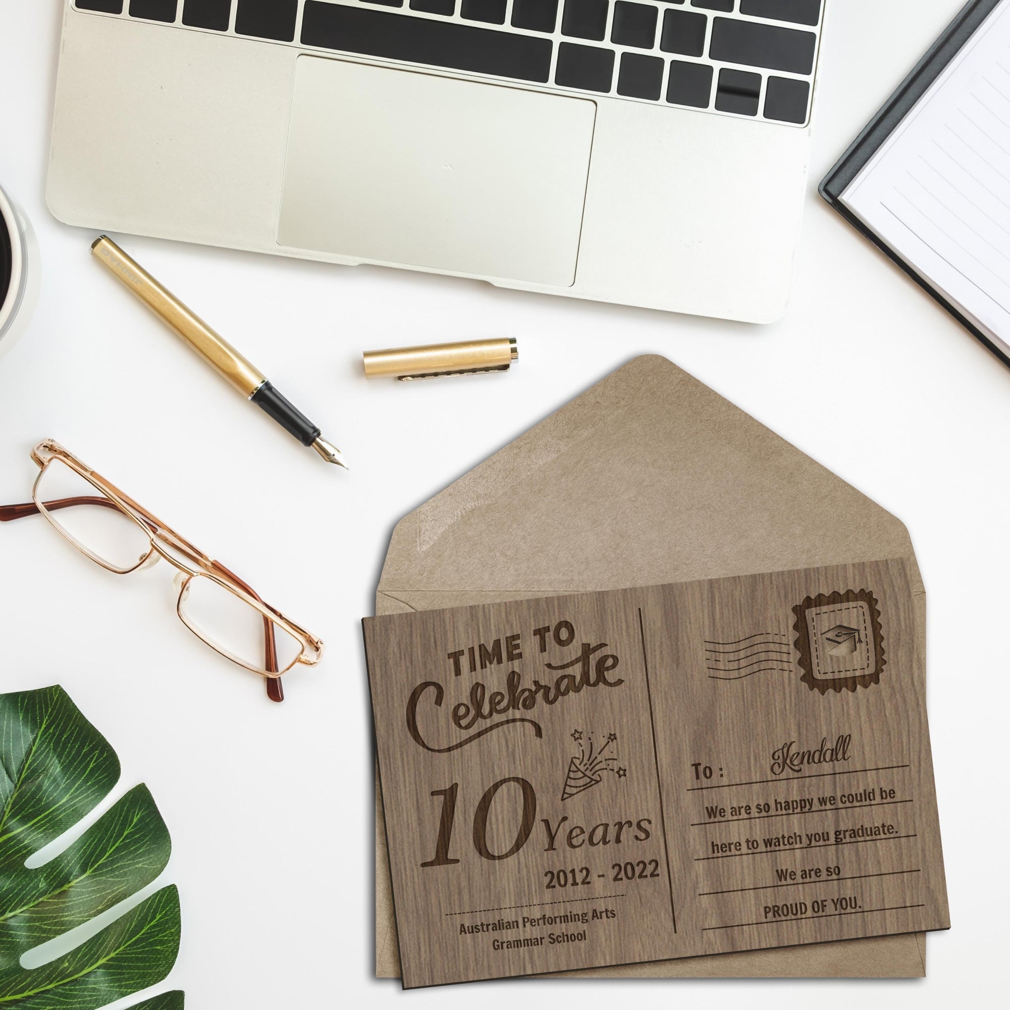 Personalised Wooden Graduation's Day School Postcard, Custom Engraved Timber Message & Name Congratulations Post Card with Display Stand, Wood Carved Keepsake Gift Card