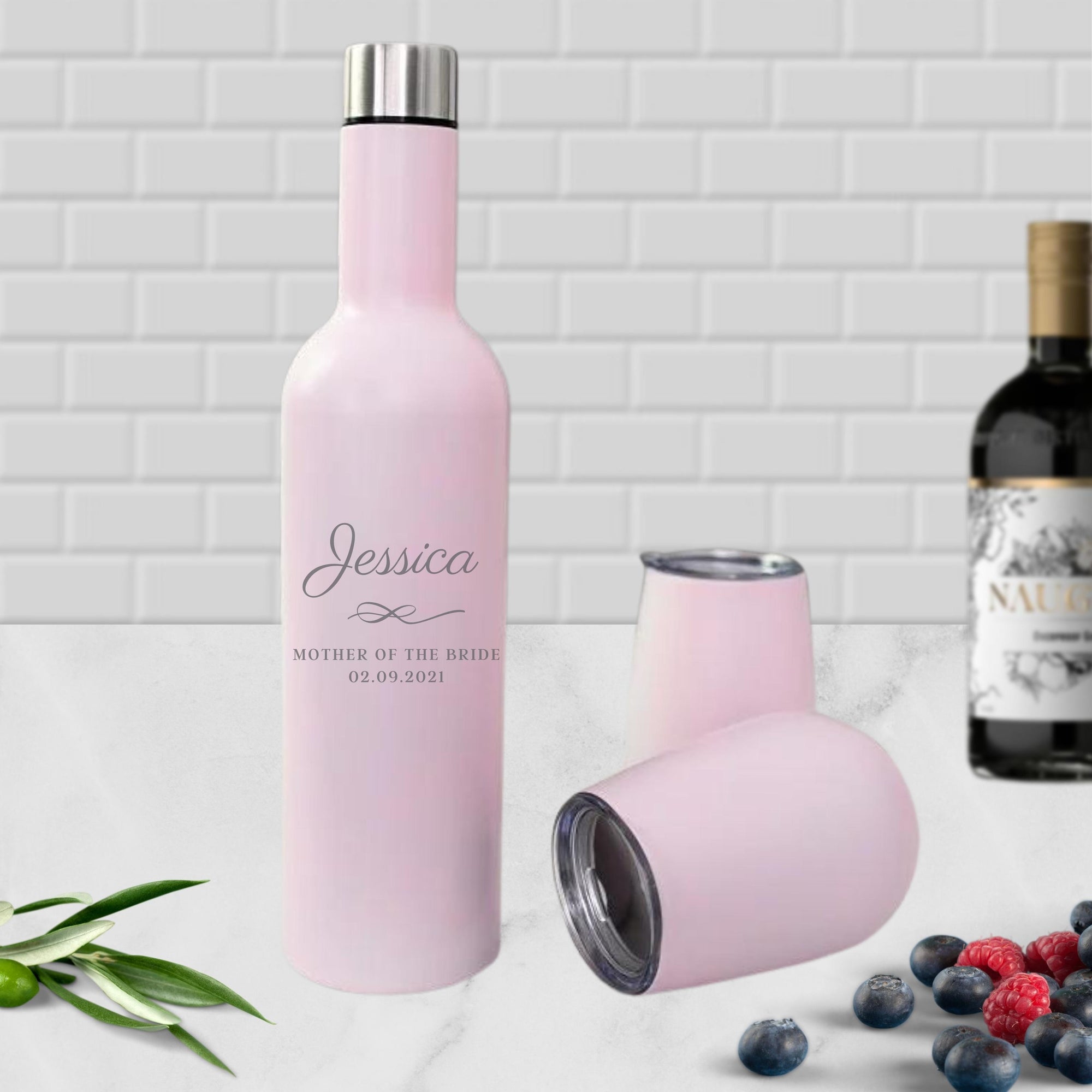 Personalised Engraved Stainless Steel Double Wall Insulated Travellers Set of 3, Thermal Wine Bottle & 2 Tumblers Custom Logo Corporate Gift