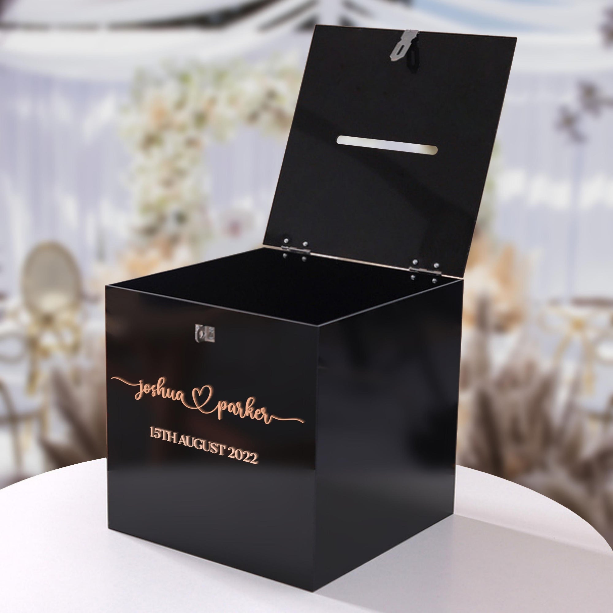 Personalised Black Acrylic Name & Date Wedding Wishing Well Box, Custom Logo Gift Card, Envelope, Money Boxes, Baptism Christening, Birthday