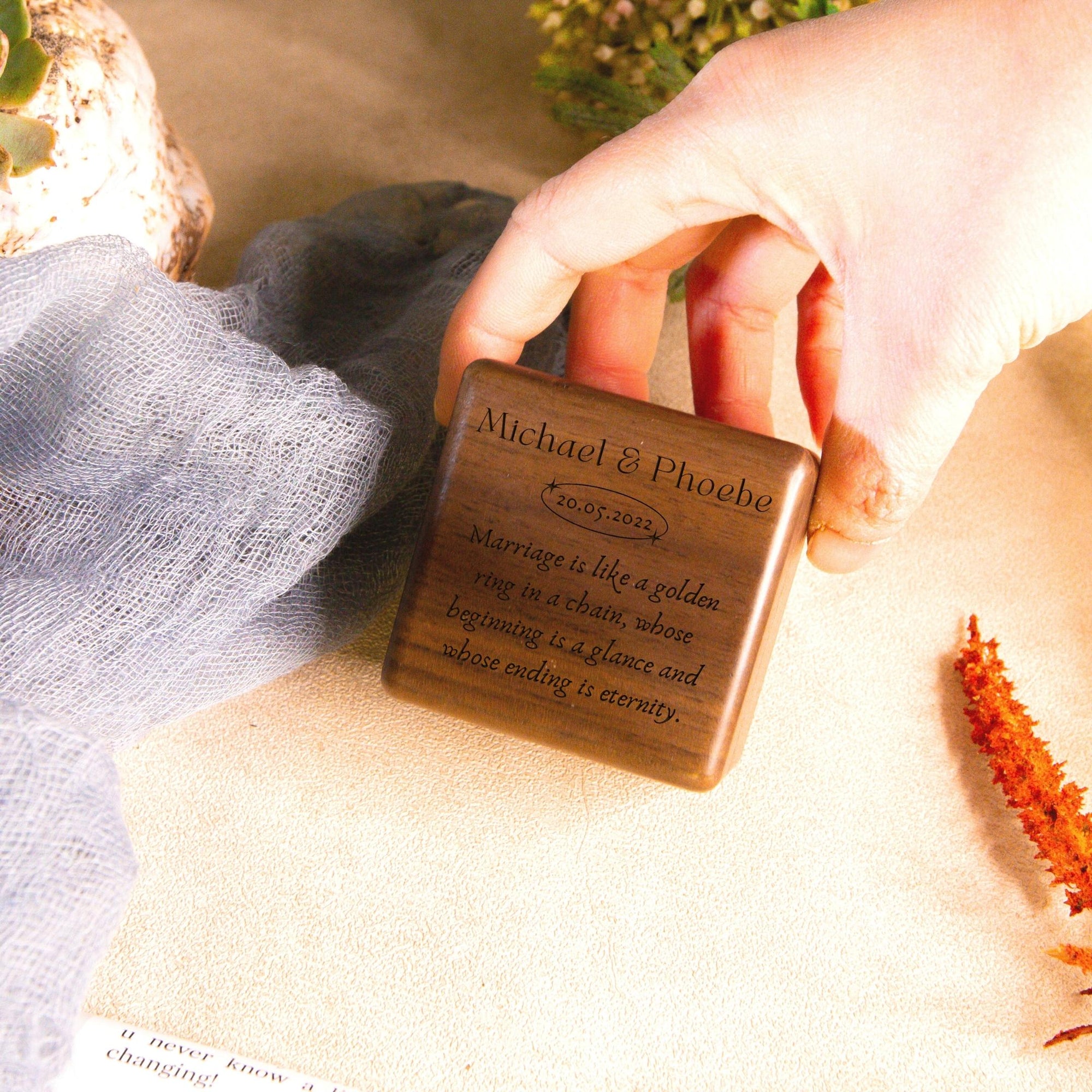 Personalised Wooden Engagement Proposal Ring Bearer Box, Custom Engraved Wedding Double Slot Solid Walnut Double Slot Square Ring Holder Storage, Rustic Vintage Anniversary Gift