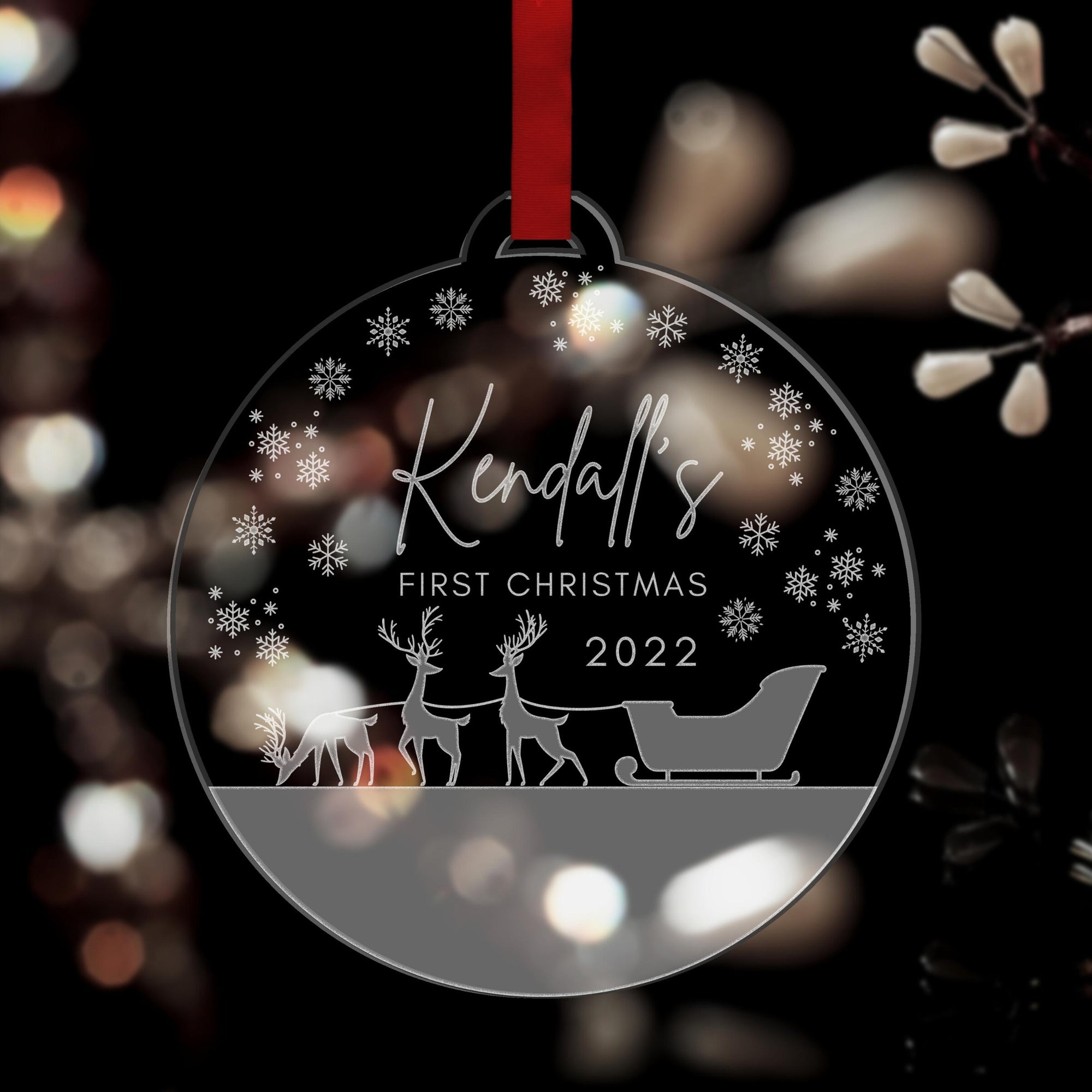Personalised First Christmas Snowy Reindeer Baubles, Engraved Custom Name Clear/ Frosted Acrylic Hanging Tree Merry Xmas, Happy New Year Ornament, Decor Gift Tags