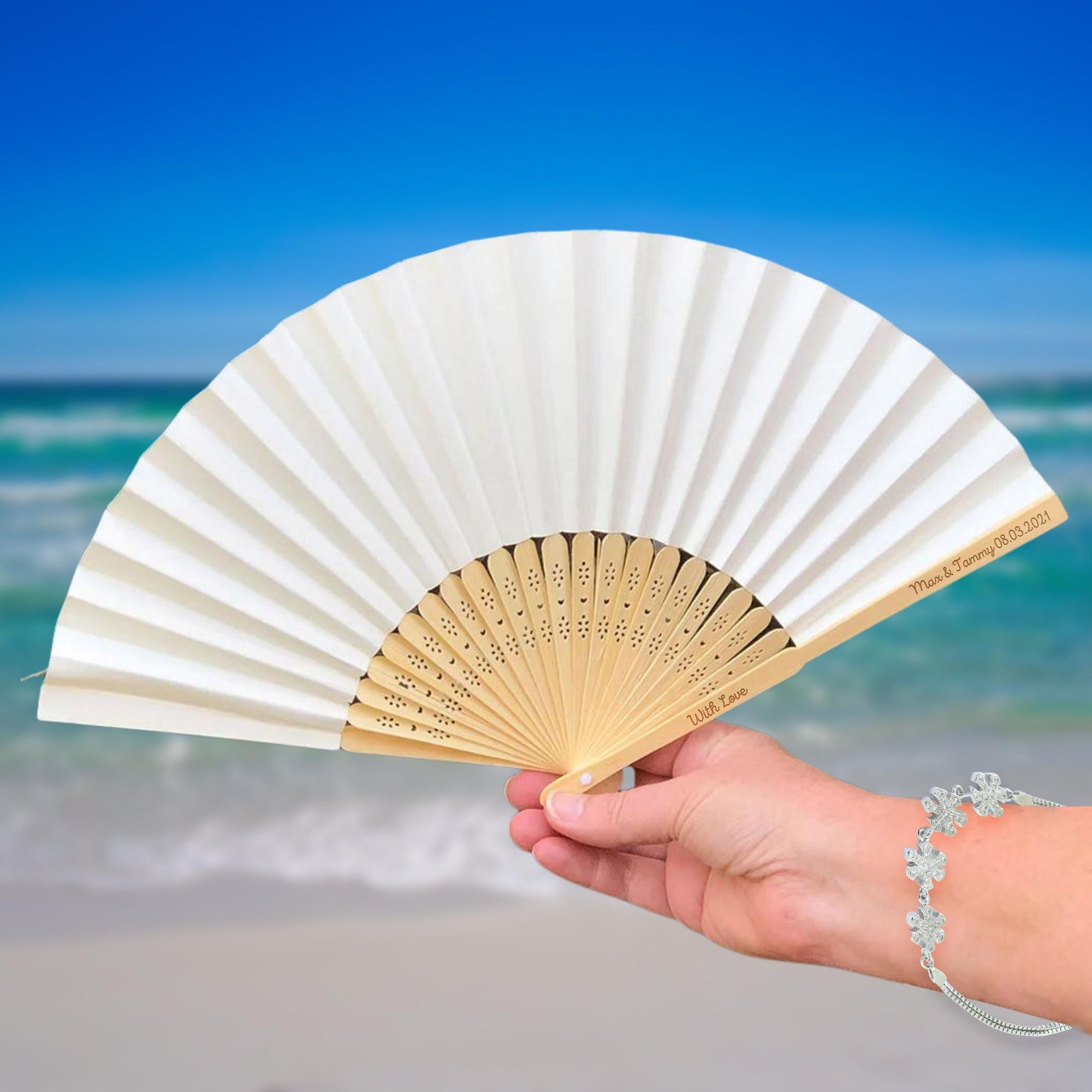 Personalised Bamboo Destination/ Garden/ Beach Wedding Fan, Engraved Wooden Foldable Paper Hand Fans, Custom Logo Corporate Gift, Party Festival Dance