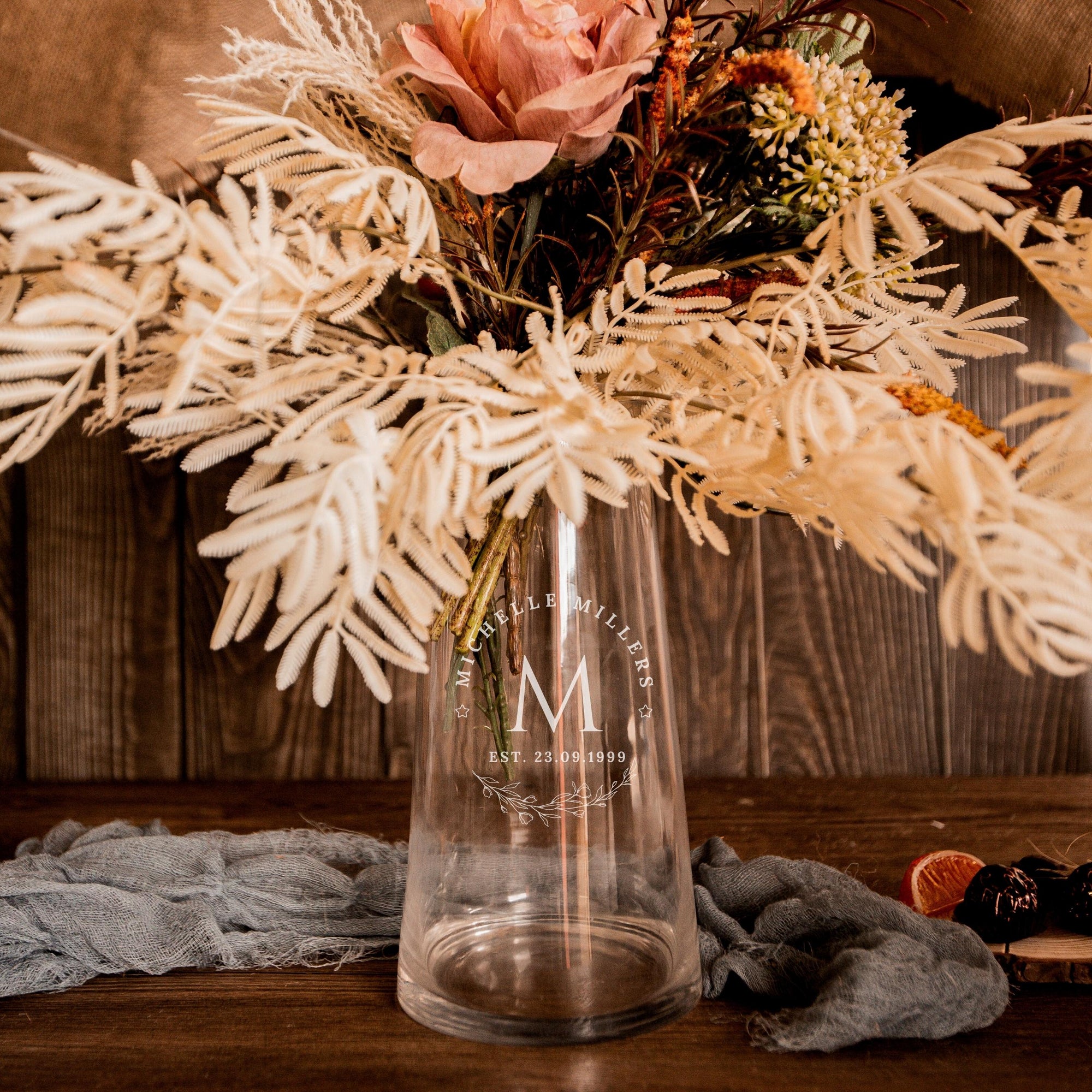 Personalised Large Tapered Clear Glass Vase, Custom Engraved Memorial Wedding Gift for Bridesmaid, Mother of Bride/ Groom, Housewarming, Anniversary