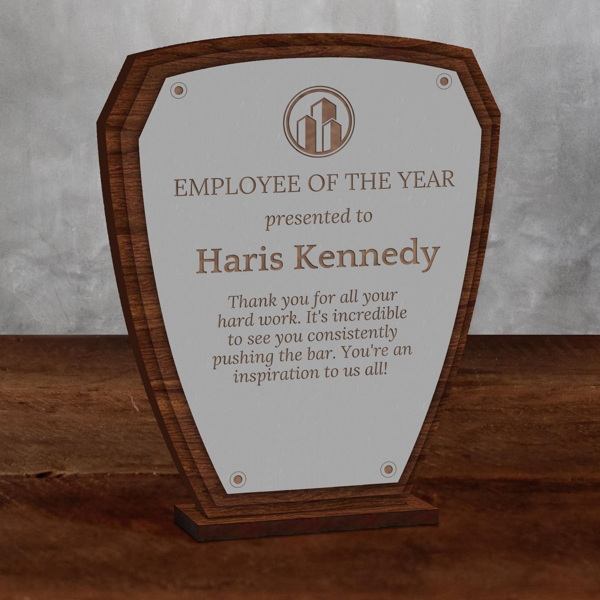 Personalised Employee Wooden Trophy Award, Engraved World Greatest Staff of The Year Crest, Custom Keepsake Gifts
