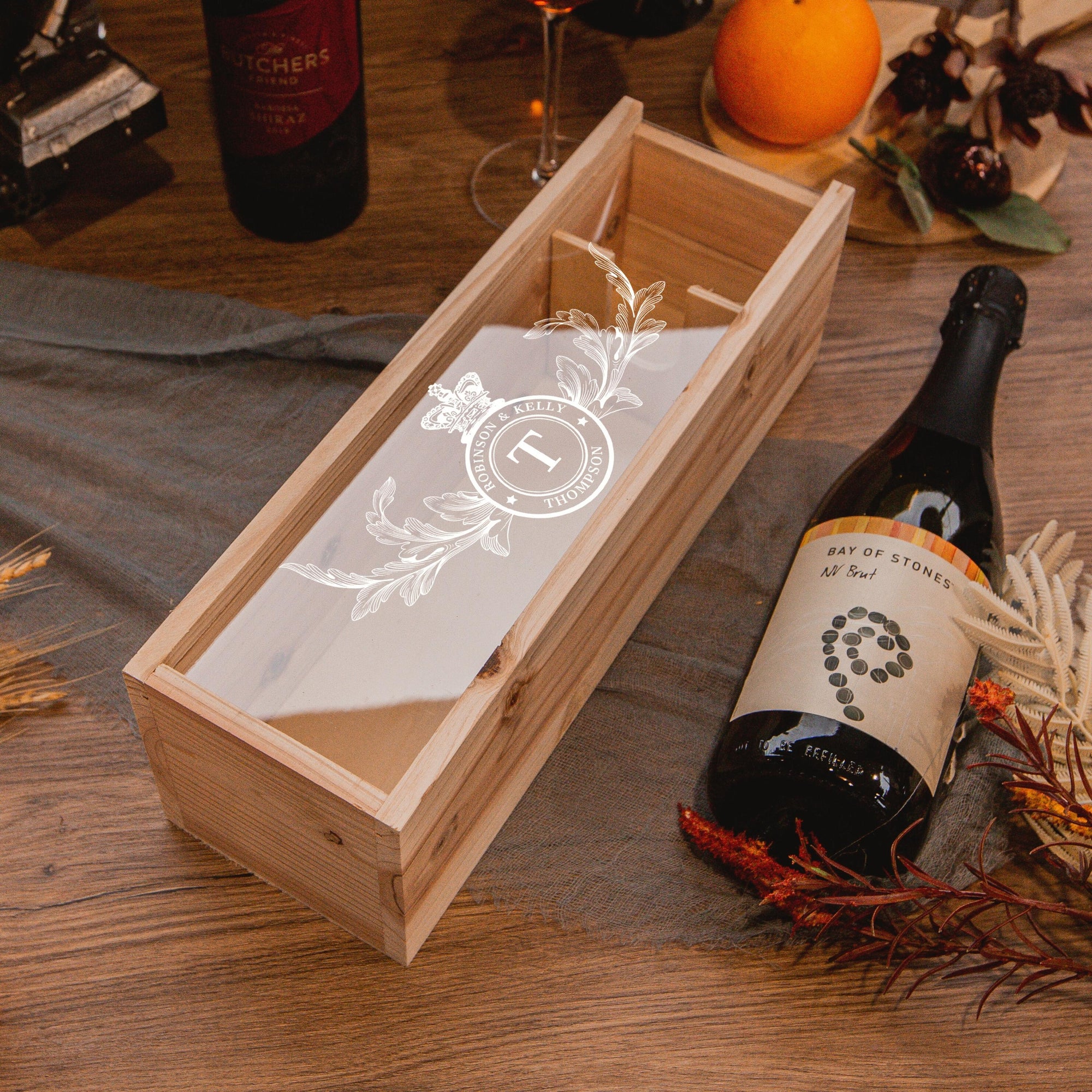 Personalised Clear Acrylic Lid & Wooden Wine Box Gift, Engraved Custom Housewarming/ Birthday, Mom-Dad, Teacher, Godparents, Wedding Favour