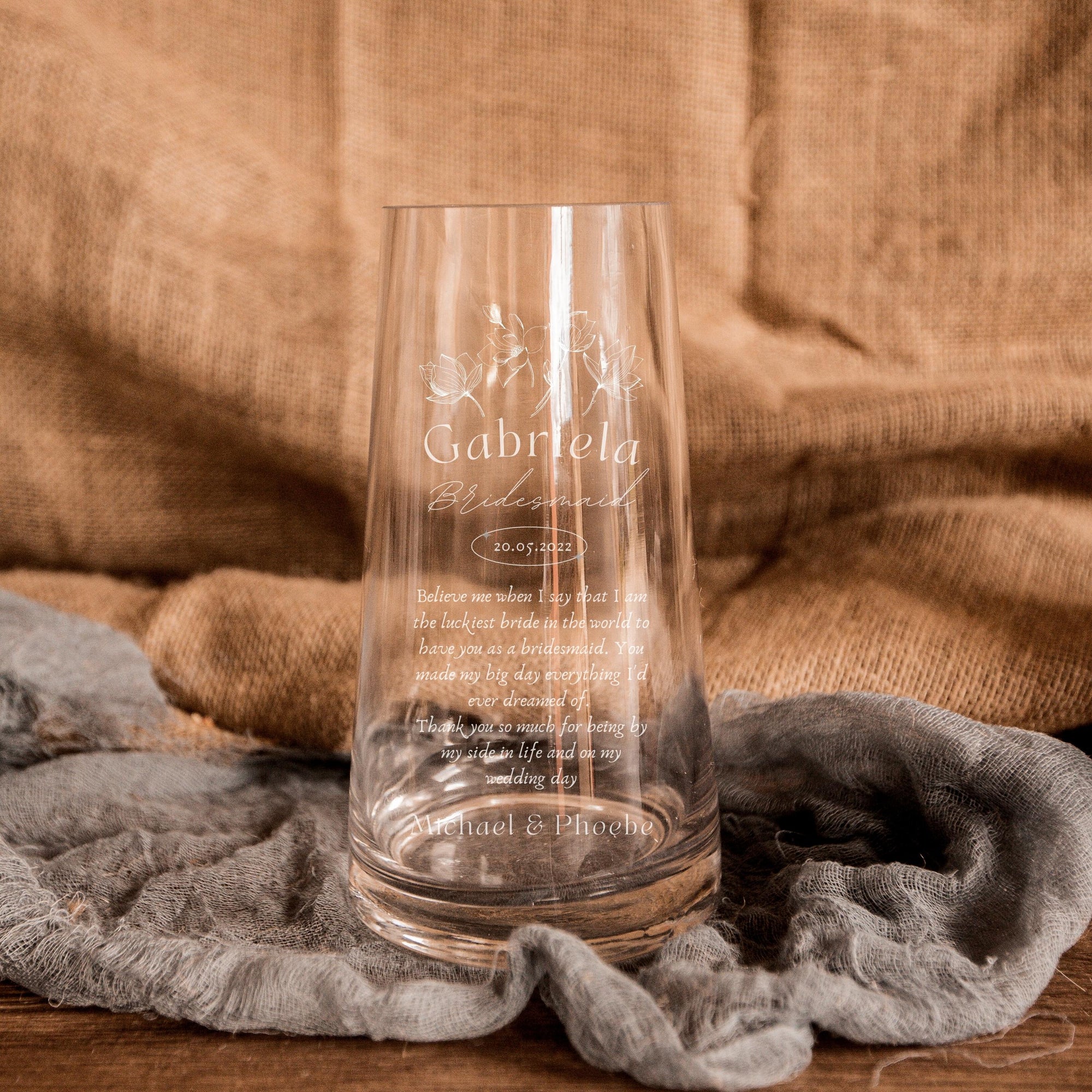 Personalised Tapered Glass Vase, Custom Engraved Memorial Wedding Gift for Bridesmaid, Mother of Bride/ Groom, Housewarming, Anniversary