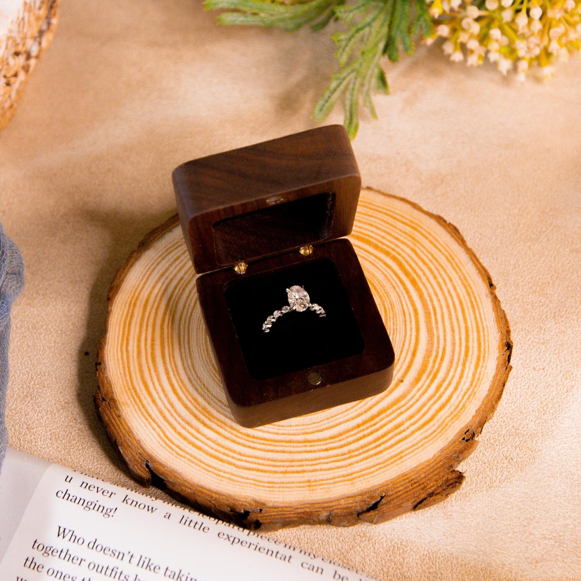 Personalised Wooden Engagement Proposal Ring Bearer Box, Custom Engraved Wedding Double Slot Solid Walnut Oval Ring Holder Storage, Rustic Vintage Anniversary Gift