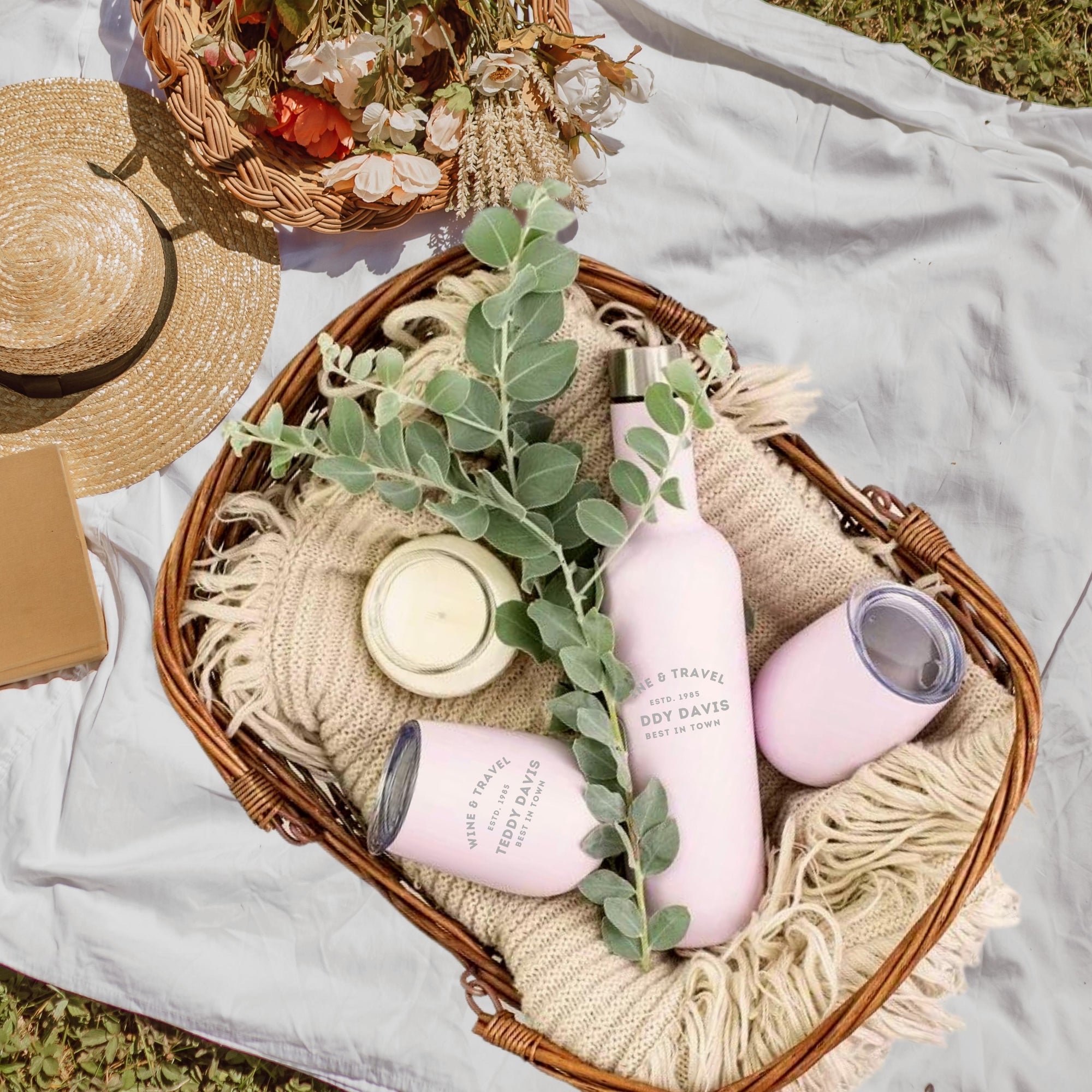 Personalised Engraved Stainless Steel Double Wall Insulated Travellers Set of 3, Thermal Wine Bottle & 2 Tumblers Custom Logo Corporate Gift