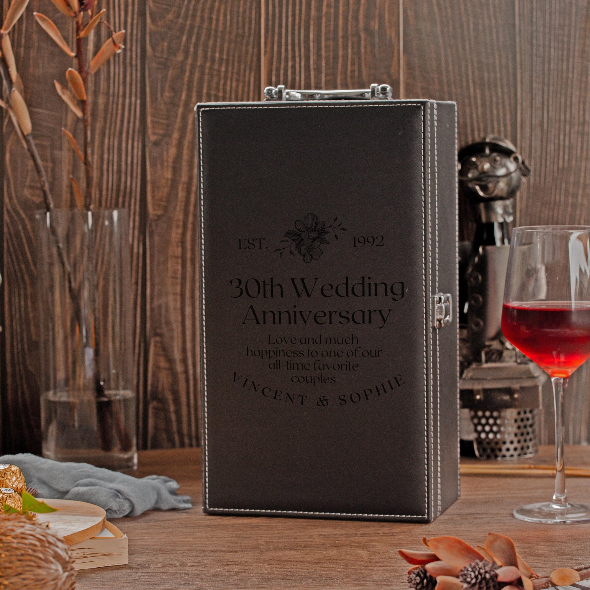 Personalised Premium Leather Twin Wine Box & Accessories, Engraved Custom Housewarming/ Birthday/ Teacher Champagne Present Box, Wedding Bridesmaid/ Groomsman, Thank You God Parents Favour, Mother's, Father's Day