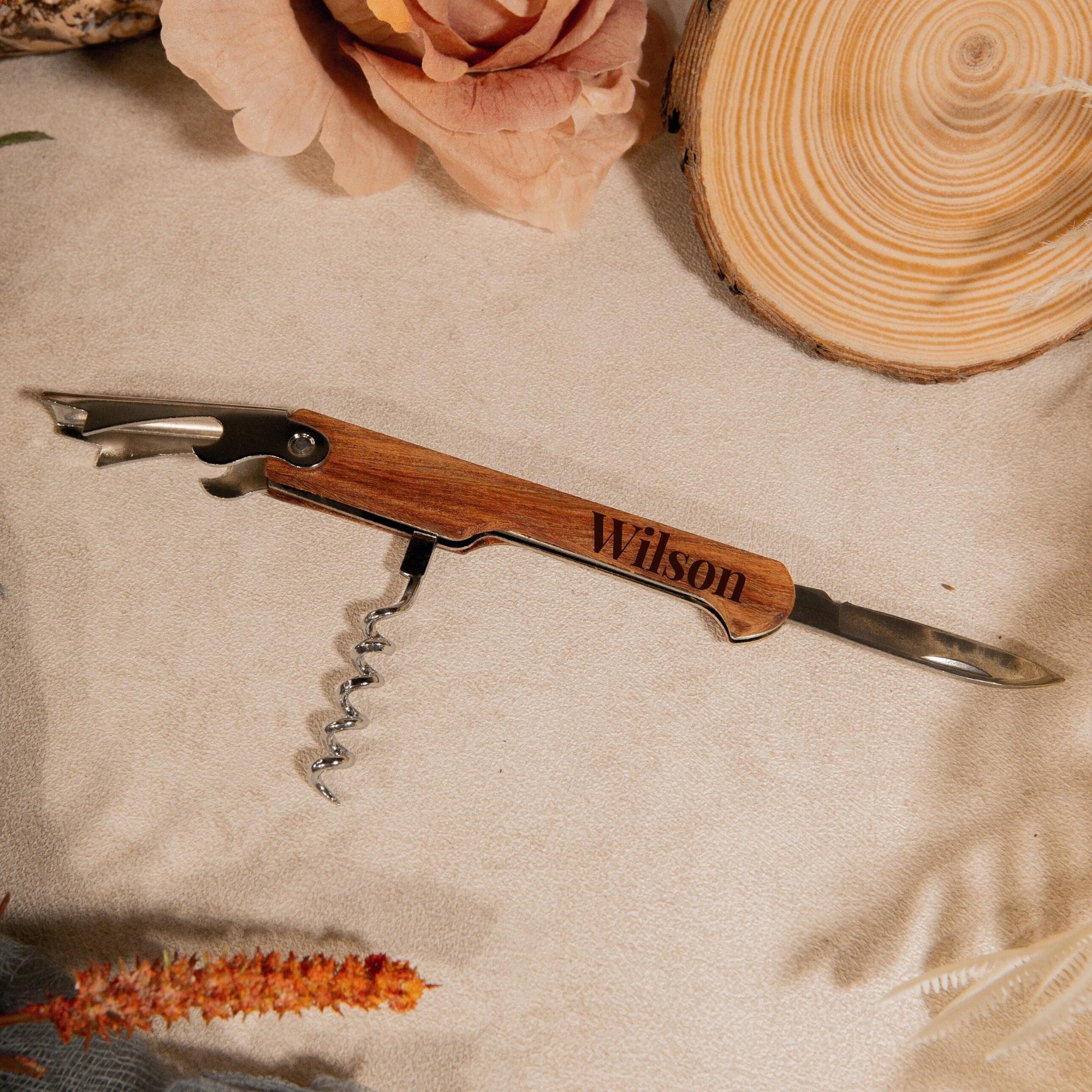 Personalised Engraved Wooden Wine Corkscrew, Bottle Opener, Custom Logo Knife/Foil Cutter, Corporate Gift, Wedding Favour, Groomsmen/ Father's Day Gift for Him, Christmas/ Teacher Present