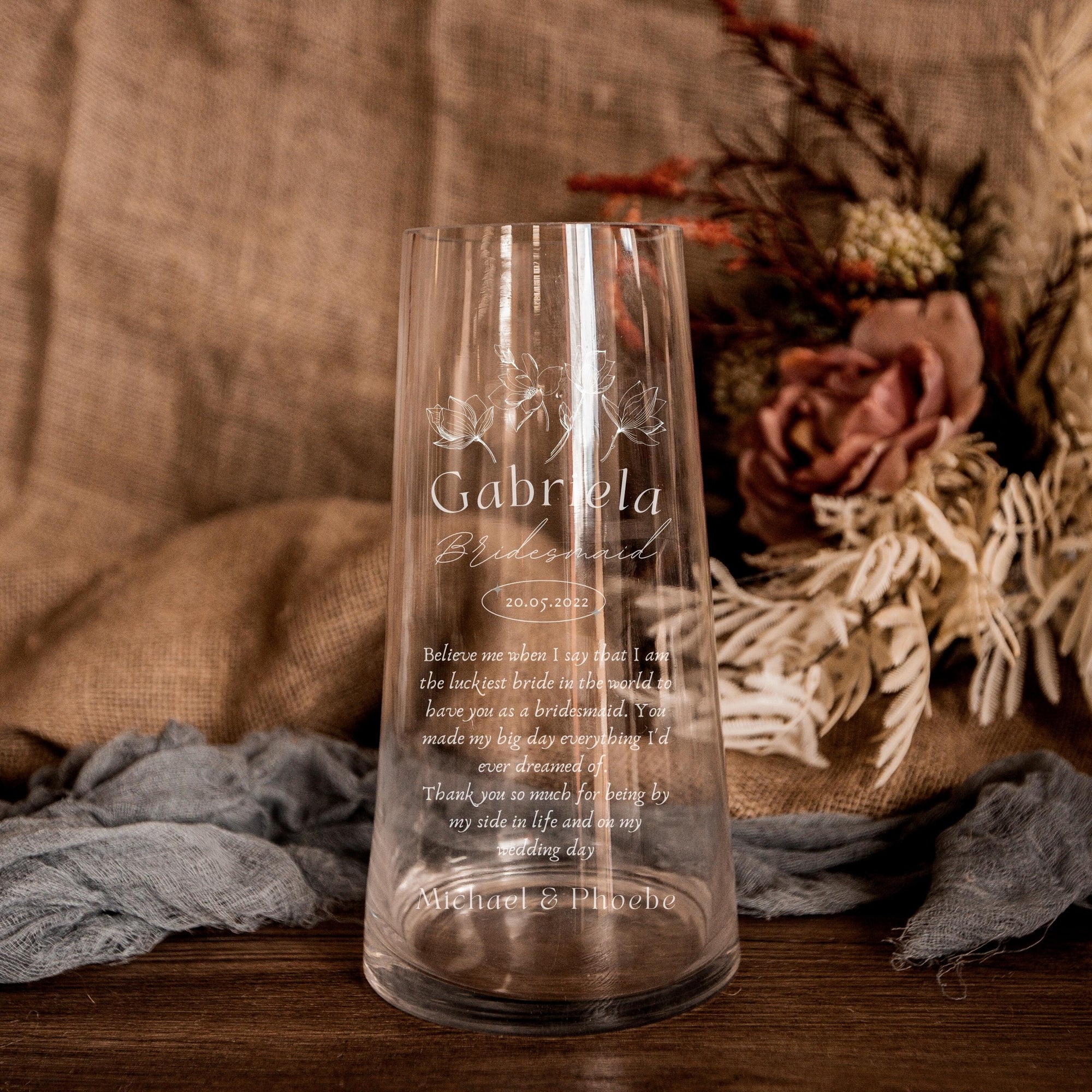 Personalised Large Tapered Clear Glass Vase, Custom Engraved Memorial Wedding Gift for Bridesmaid, Mother of Bride/ Groom, Housewarming, Anniversary