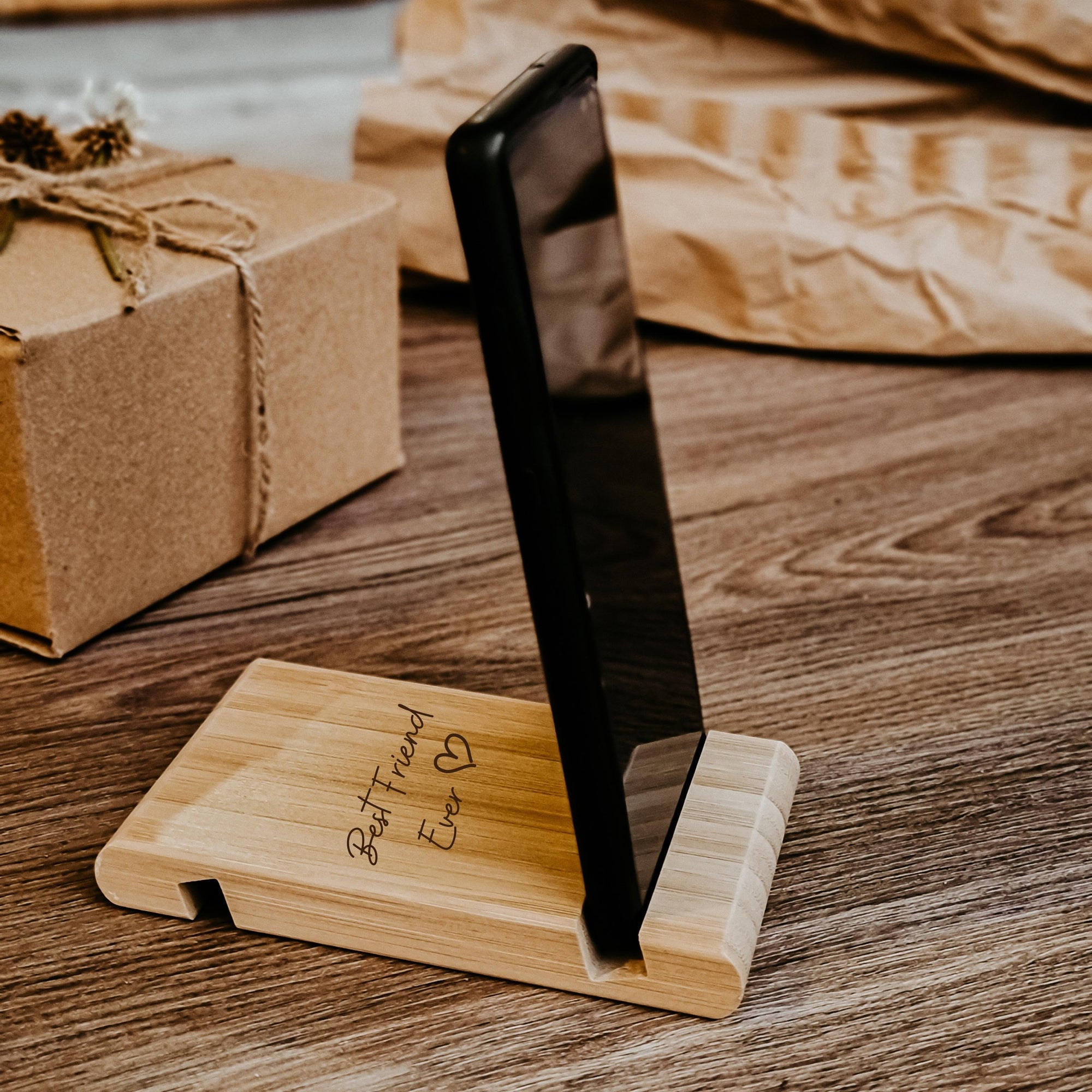 Custom Personalised Engraved Wooden Bamboo Mobile Phone, Tablet Stand Holder / Office, Desk Tech Organiser/ Business, Corporate Company Gift