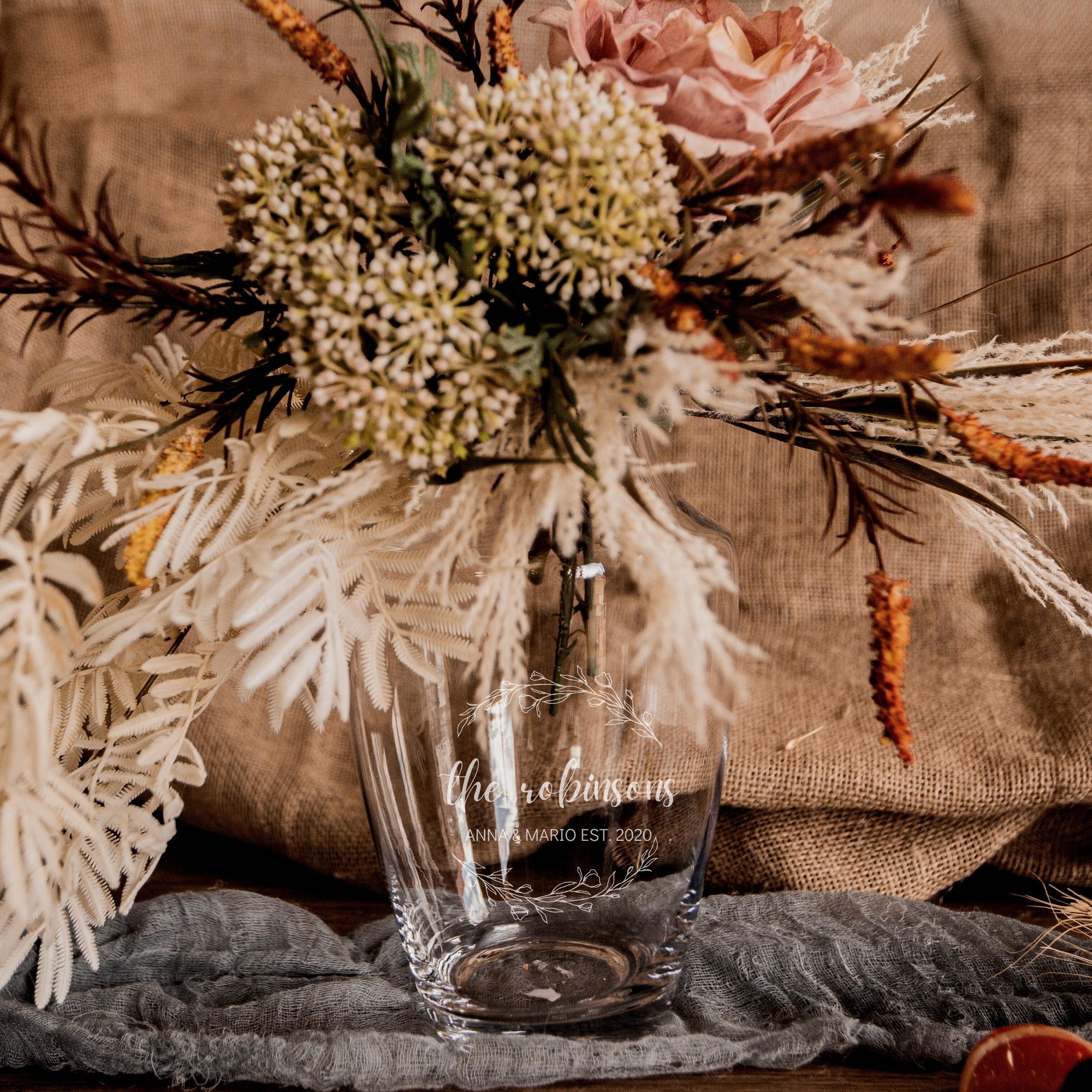 Personalised Large Evocative Designer Clear Glass Vase, Custom Engraved Memorial Wedding Gift for Bridesmaid, Mother of Bride/ Groom, Housewarming, Anniversary