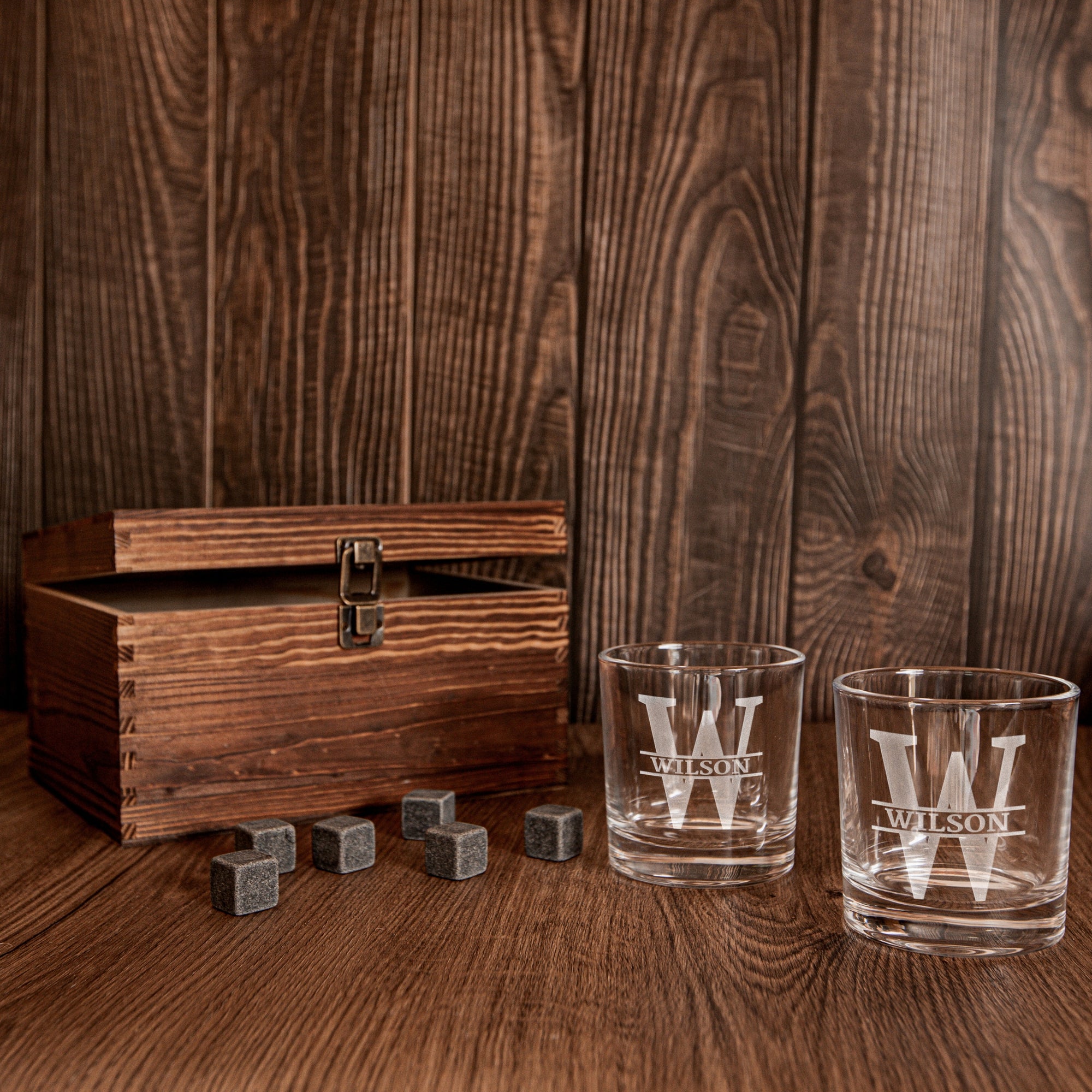 Custom Engraved Whiskey Wooden Box - 2 Sleek Round Scotch Glasses & 6 Rock Ice Stones, Personalised Barware Set, Wedding Groomsman, Dad Gift