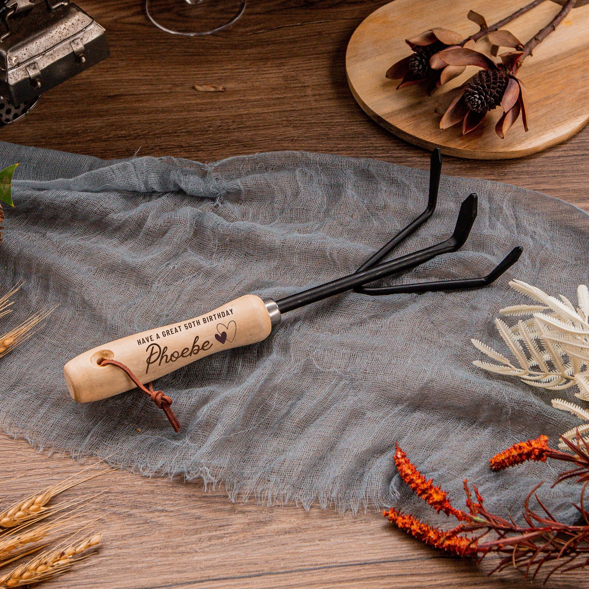 Personalised Garden Tool Set of 3, Custom Laser Engraved Etching Gardening Wooden Handle & Matte Black Cultivator/ Trowel/ Weeder, Gift for Her, Mom & Dad