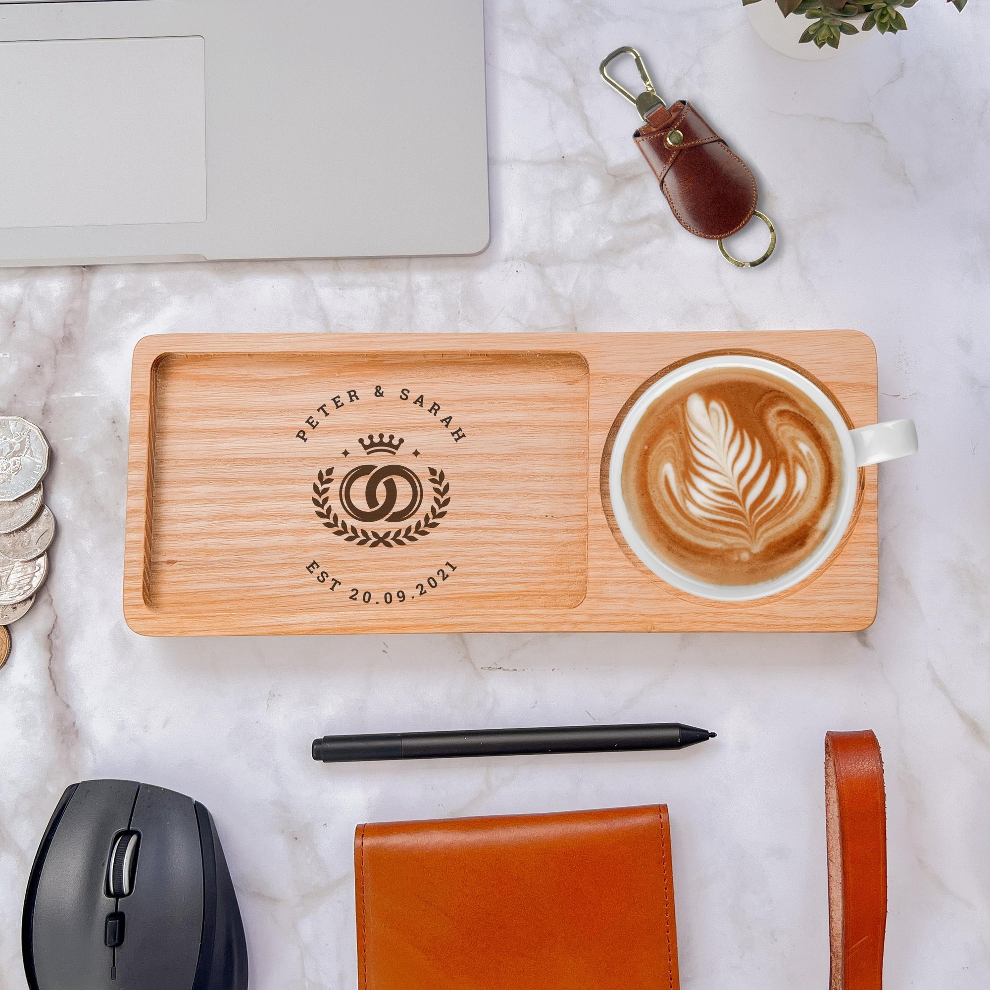 Personalised Ash Wood Round Catchall Tray & Drink Holder, Jewellery/ Tech/ Serving Valet, Custom Engraved Timber Organiser, Desk Accessories
