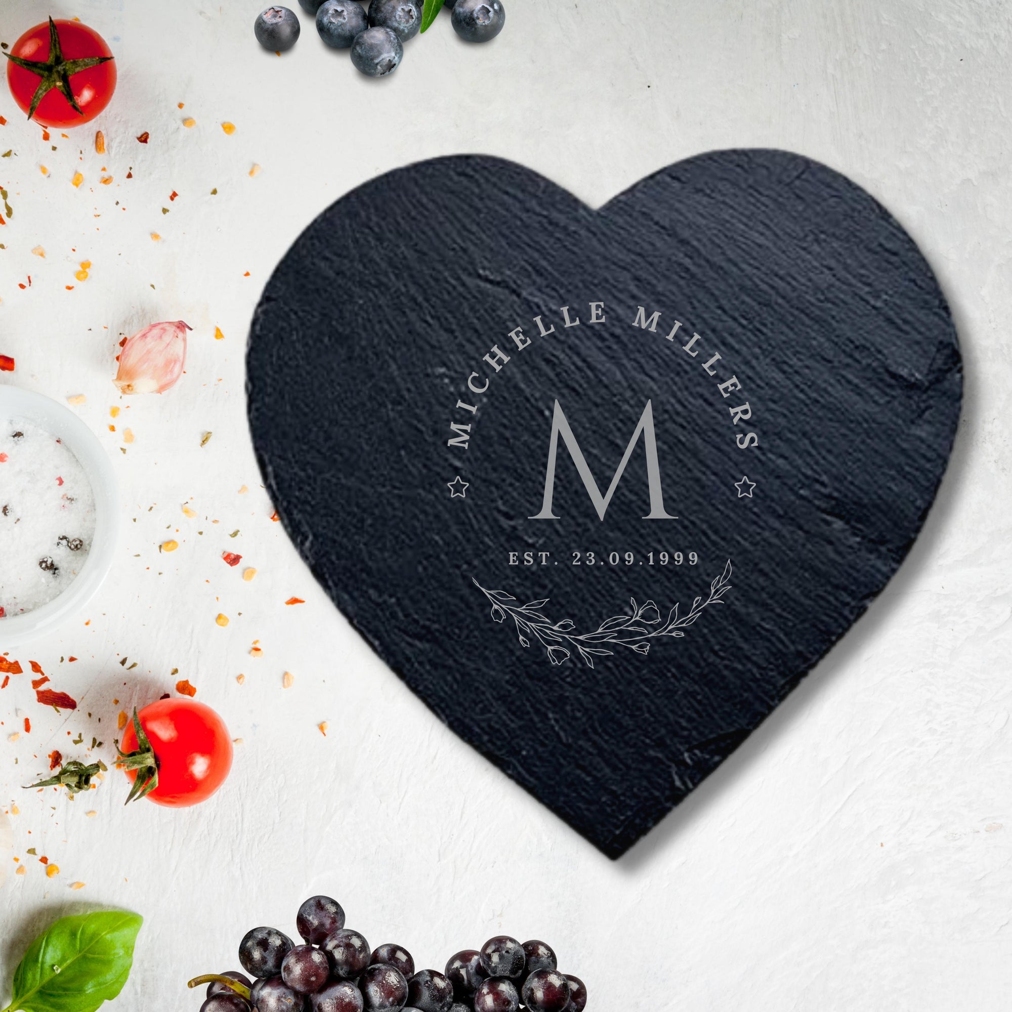 Personalised Heart Slate Serving Cheese Board, Custom Engraved Charcuterie Platter Placemat, Wedding Housewarming Gift for Mom Nanny Grandma