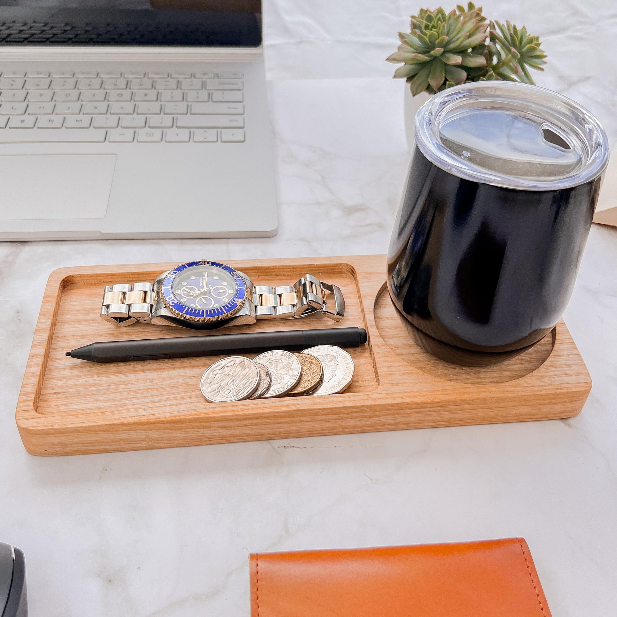 Personalised Ash Wood Round Catchall Tray & Drink Holder, Jewellery/ Tech/ Serving Valet, Custom Engraved Timber Organiser, Desk Accessories