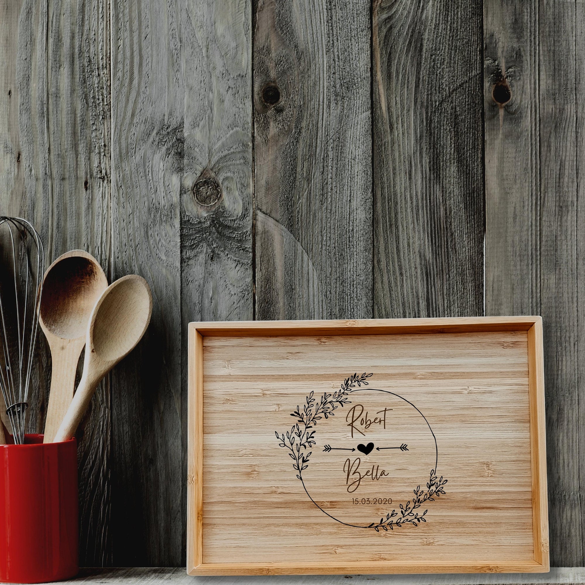 Personalised Bamboo Wooden Charcuterie Serving Tray, Engraved Timber Platter, Anniversary/ Housewarming Gift / Tech/ Office /Catchall Valet Catch Organizer