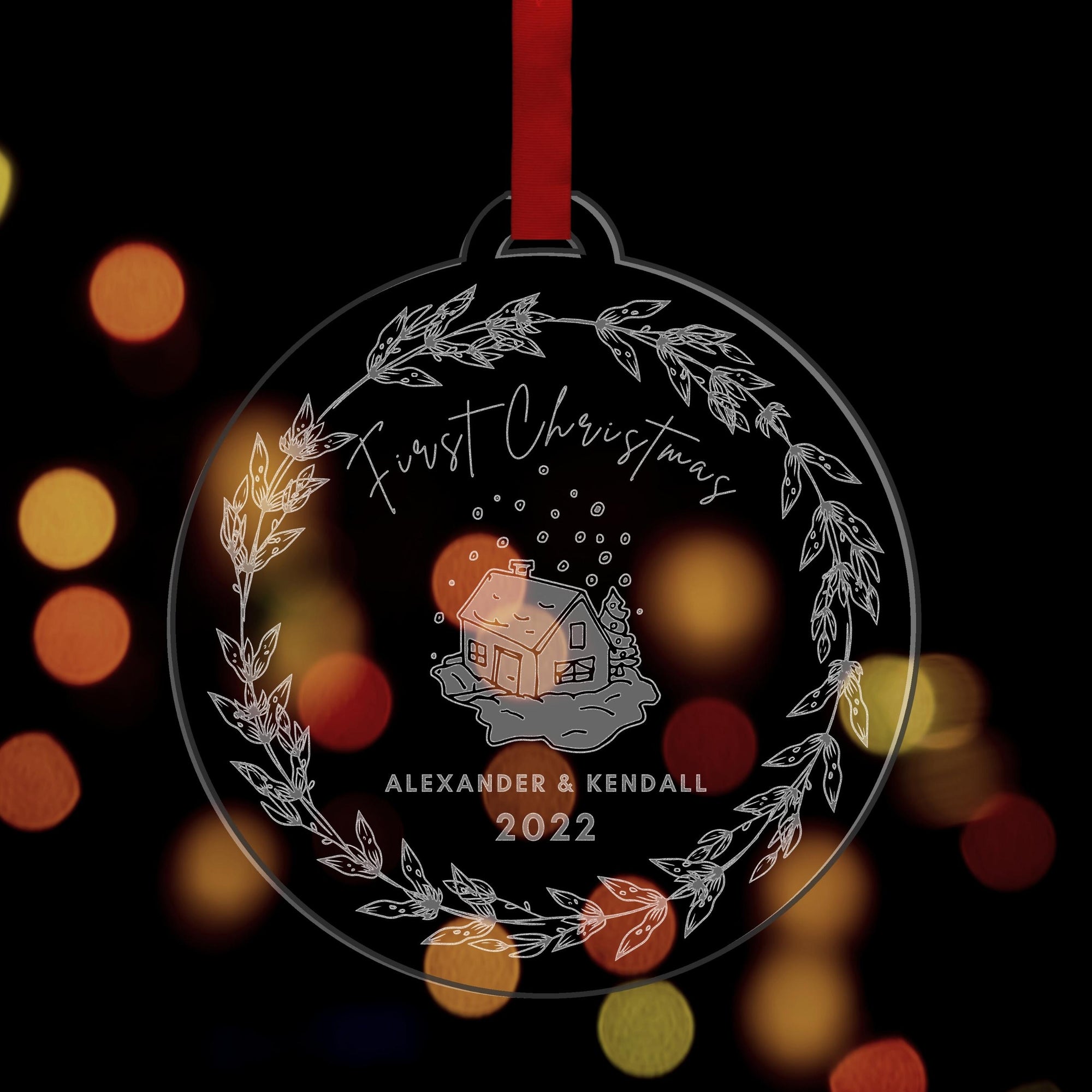 Personalised Custom Name First Christmas at New House Address Baubles, Engraved Clear/ Frosted Acrylic Hanging Merry Xmas, New Year Ornament, Decor Housewarming Gift Tags