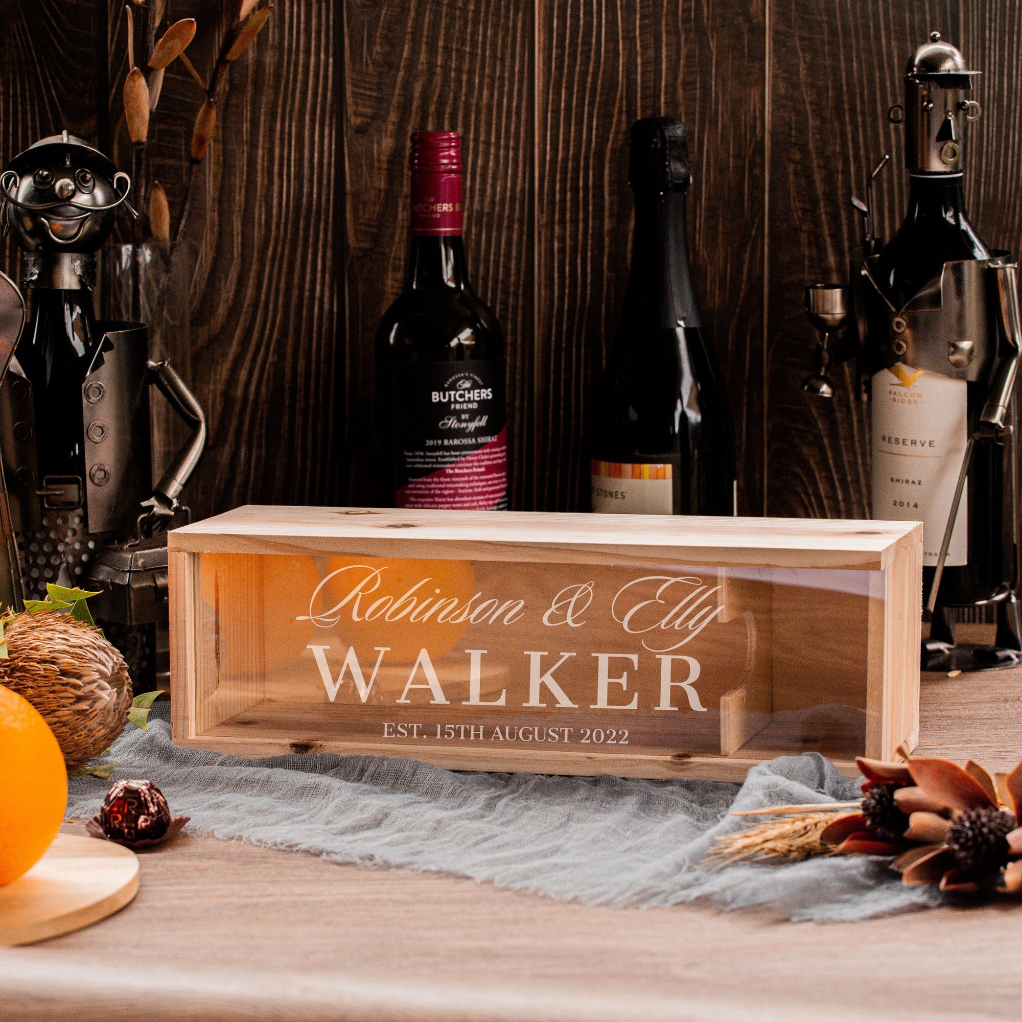 Personalised Clear Acrylic Lid & Wooden Wine Box Gift, Engraved Custom Housewarming/ Birthday, Mom-Dad, Teacher, Godparents, Wedding Favour