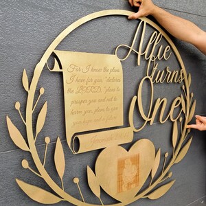 Personalised Wooden First Baby Birthday Shower/ Baptism Bible Wall Hanging Hoop, Wedding / Event Party Decor