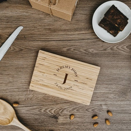 Personalised Small Bamboo Wooden Cheese, Cake Serving Tray / Chopping Board , Engraved Monogram Wedding/ Anniversary Housewarming Decor Gift