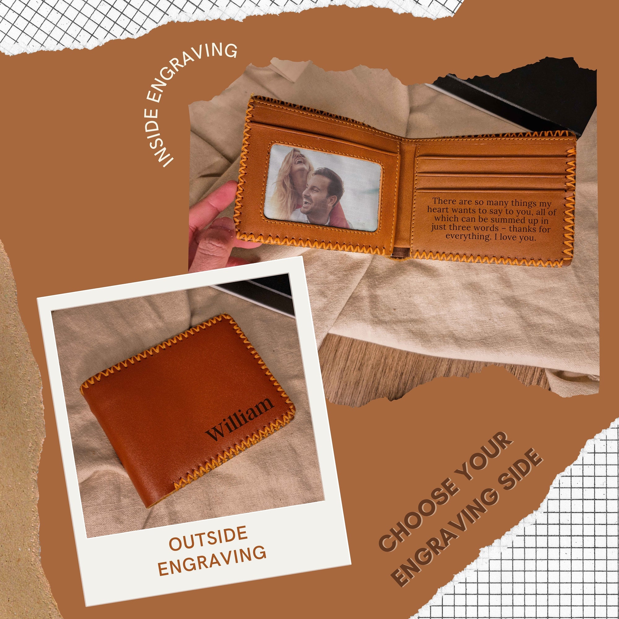 Personalised Hand Stitched Genuine Real Leather Cowhide Bifold Wallet, Monogram Custom Engraved Gift for Him/ Father/Groomsmen/ Dad/ Husband Anniversary