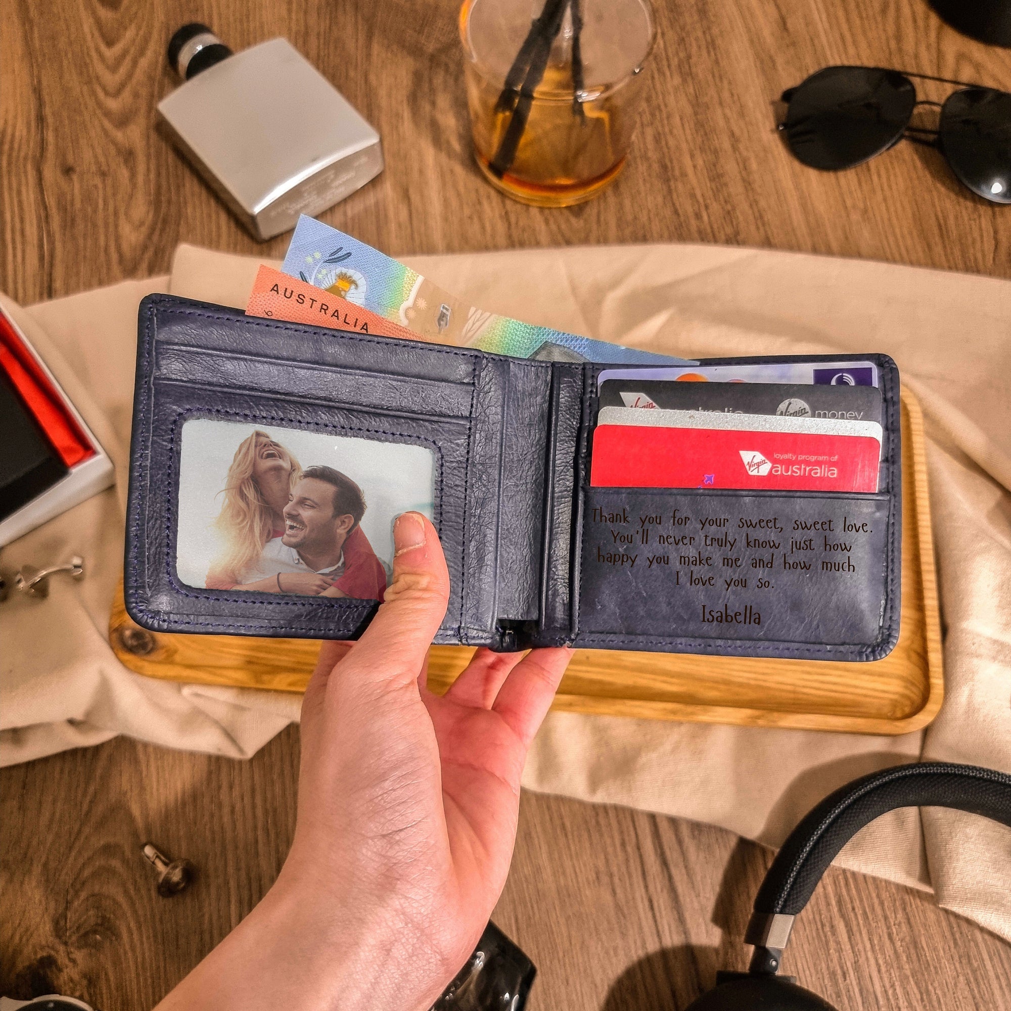 Personalised Genuine Real Leather Cowhide Bifold Wallet, Monogram Custom Engraved Gift for Him/ Father/ Groomsmen/Dad/ Husband Anniversary