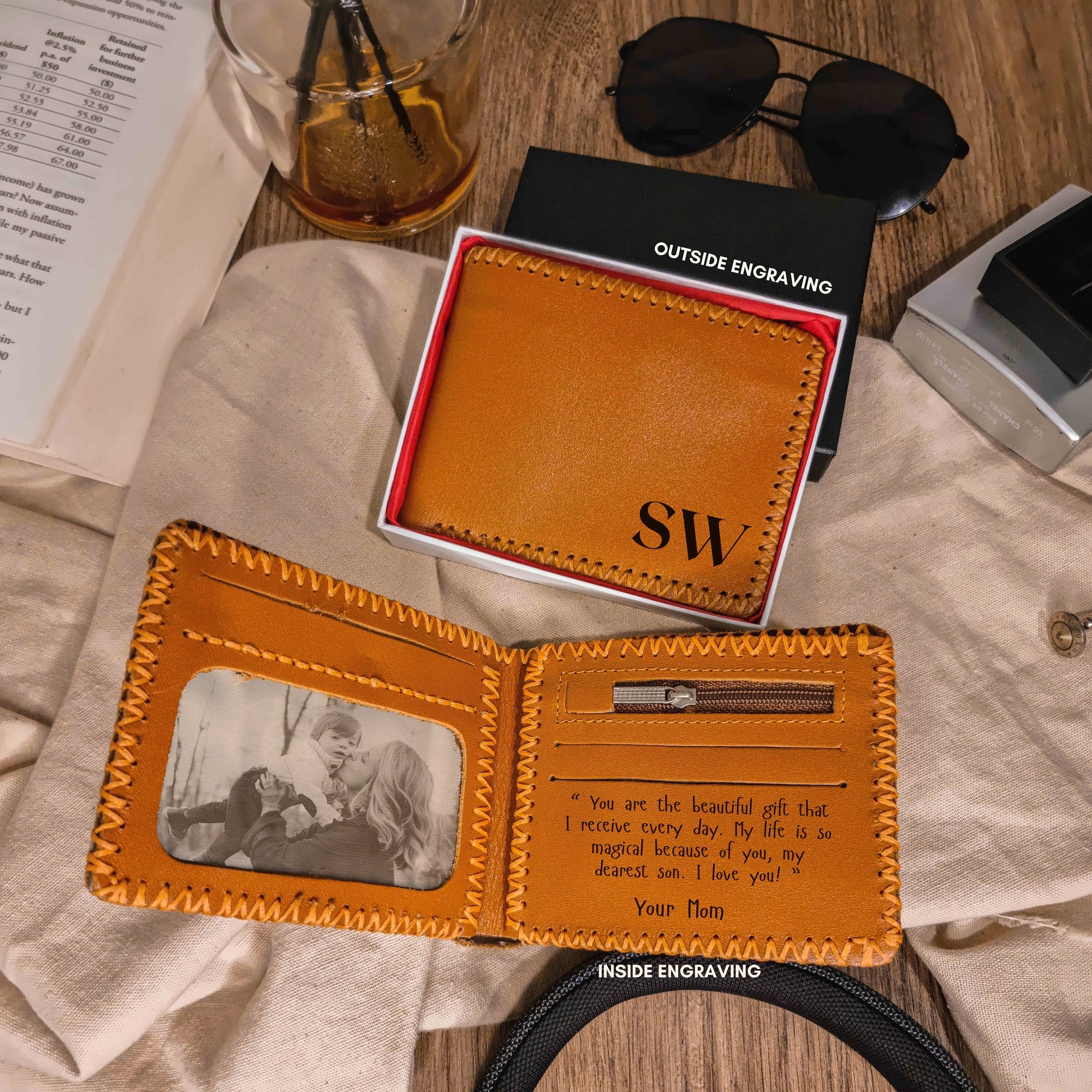 Personalised Hand Stitched Genuine Real Leather Cowhide Bifold Wallet, Monogram Custom Engraved Gift for Him/ Father/Groomsmen/ Dad/ Husband Anniversary