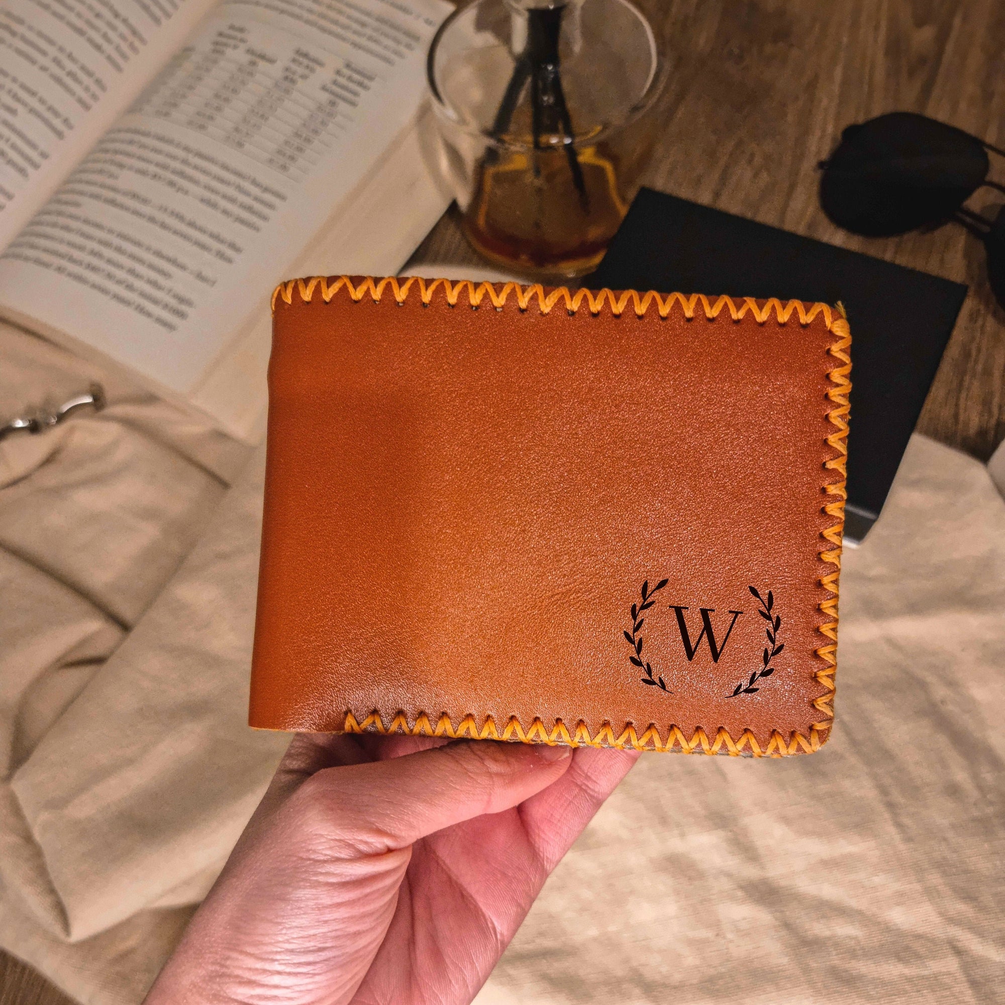 Personalised Hand Stitched Genuine Real Leather Cowhide Bifold Wallet, Monogram Custom Engraved Gift for Him/ Father/Groomsmen/ Dad/ Husband Anniversary