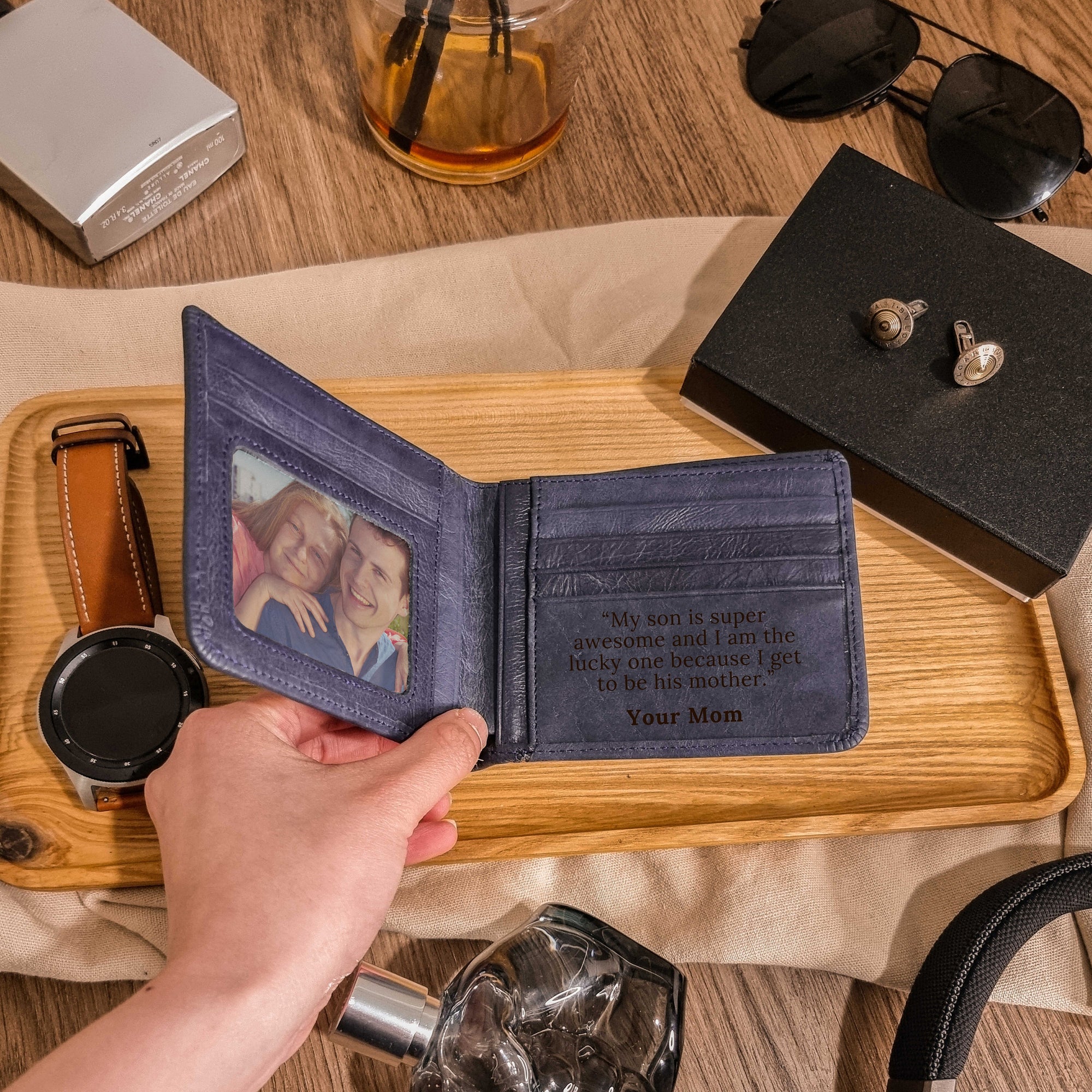 Personalised Genuine Real Leather Cowhide Bifold Wallet, Monogram Custom Engraved Gift for Him/ Father/ Groomsmen/Dad/ Husband Anniversary