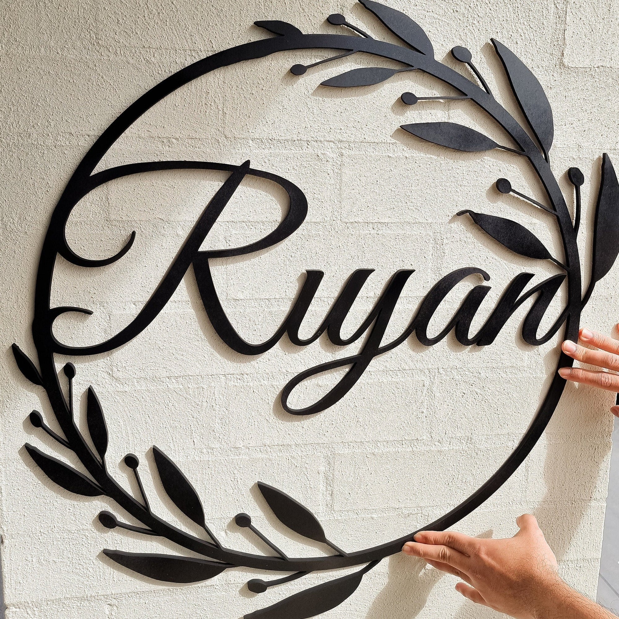 Custom Name Bespoke Wooden Leaf Hoop Sign